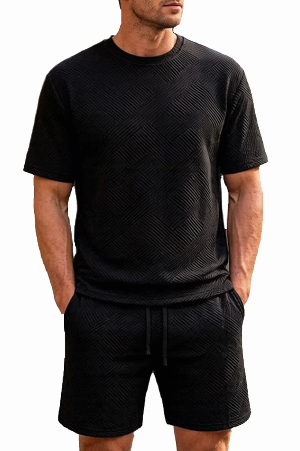 Survêtement Homme 2 Pièces Jacquard T-Shirt Manches Courtes Short Ensemble Ete