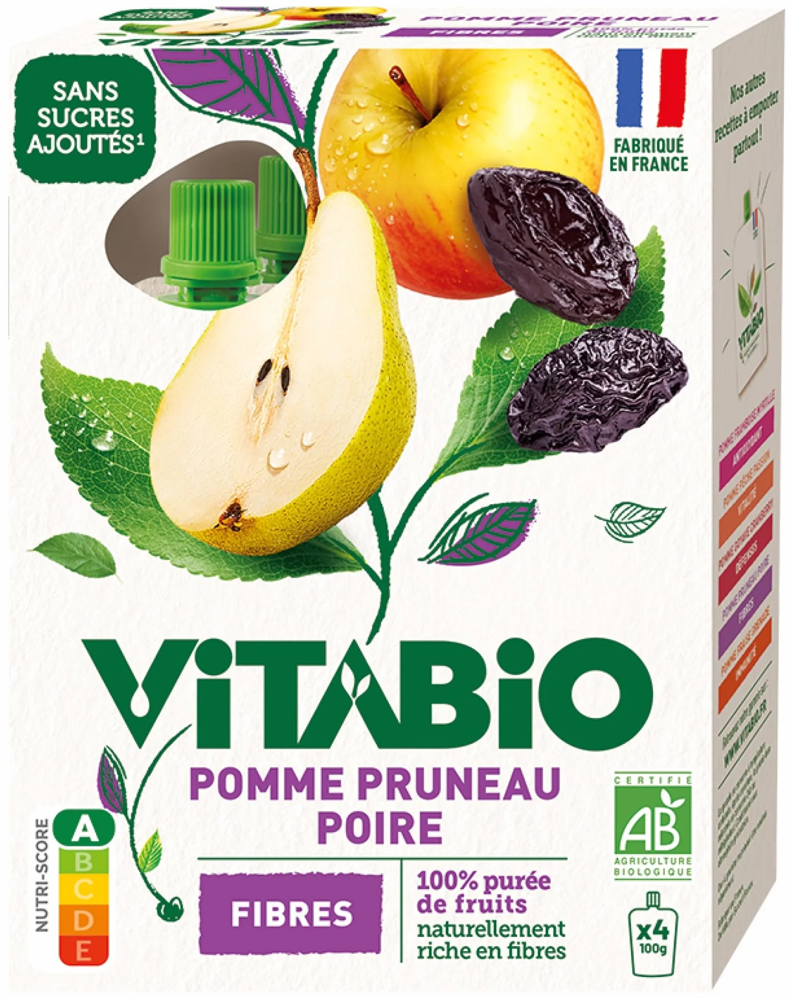 VITABIO - Gourdes Pomme Pruneau Poire - FIBRES - 4x100g - BIO
