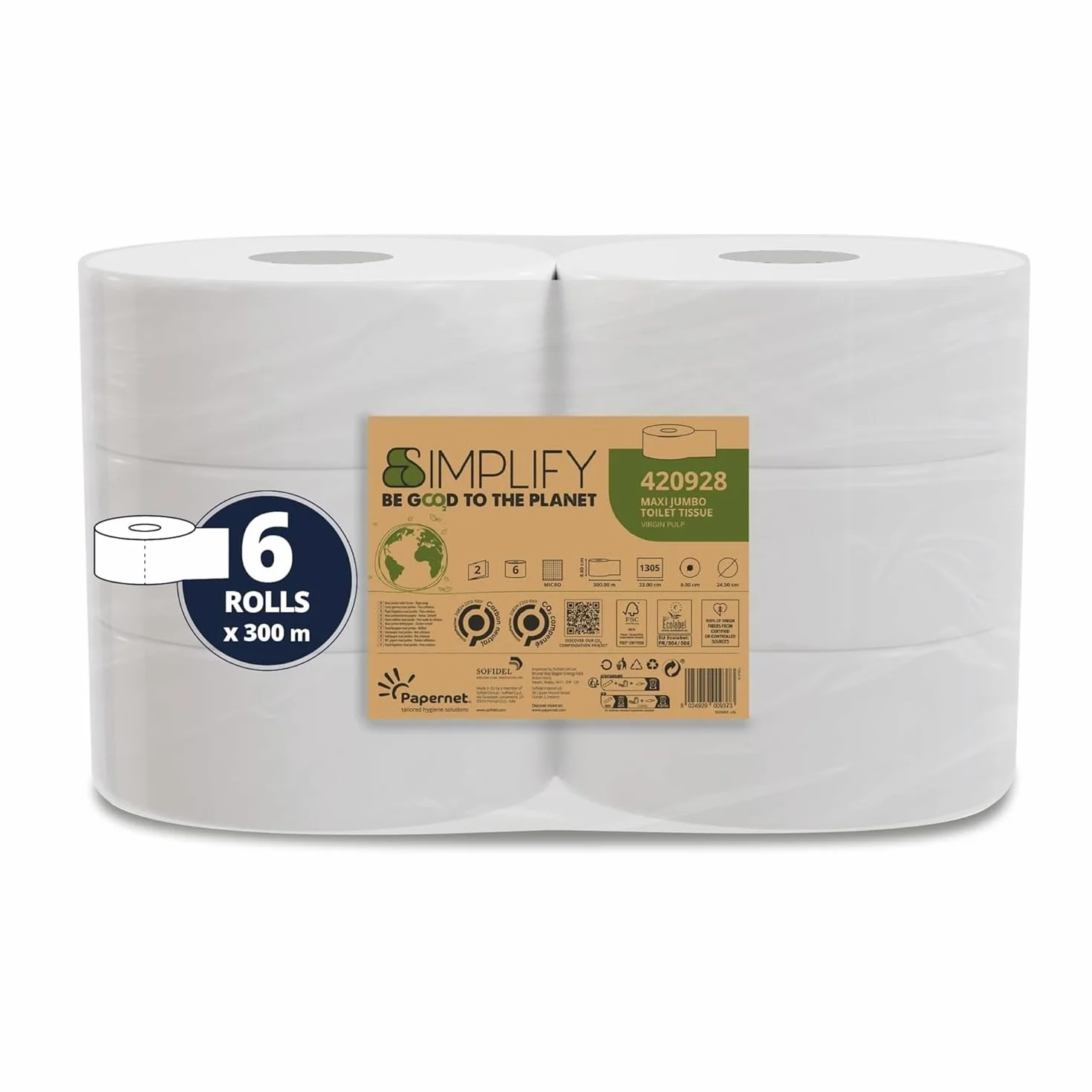 Papernet Simplify - 6 Rouleaux de Papier Hygiénique, 2 Plis | (420928), Rouleaux Maxi Jumbo en Pure Cellulose de 300m Chacun, 7 830 Services de 8,6x23 cm, Gaufrage Micro, Blanc