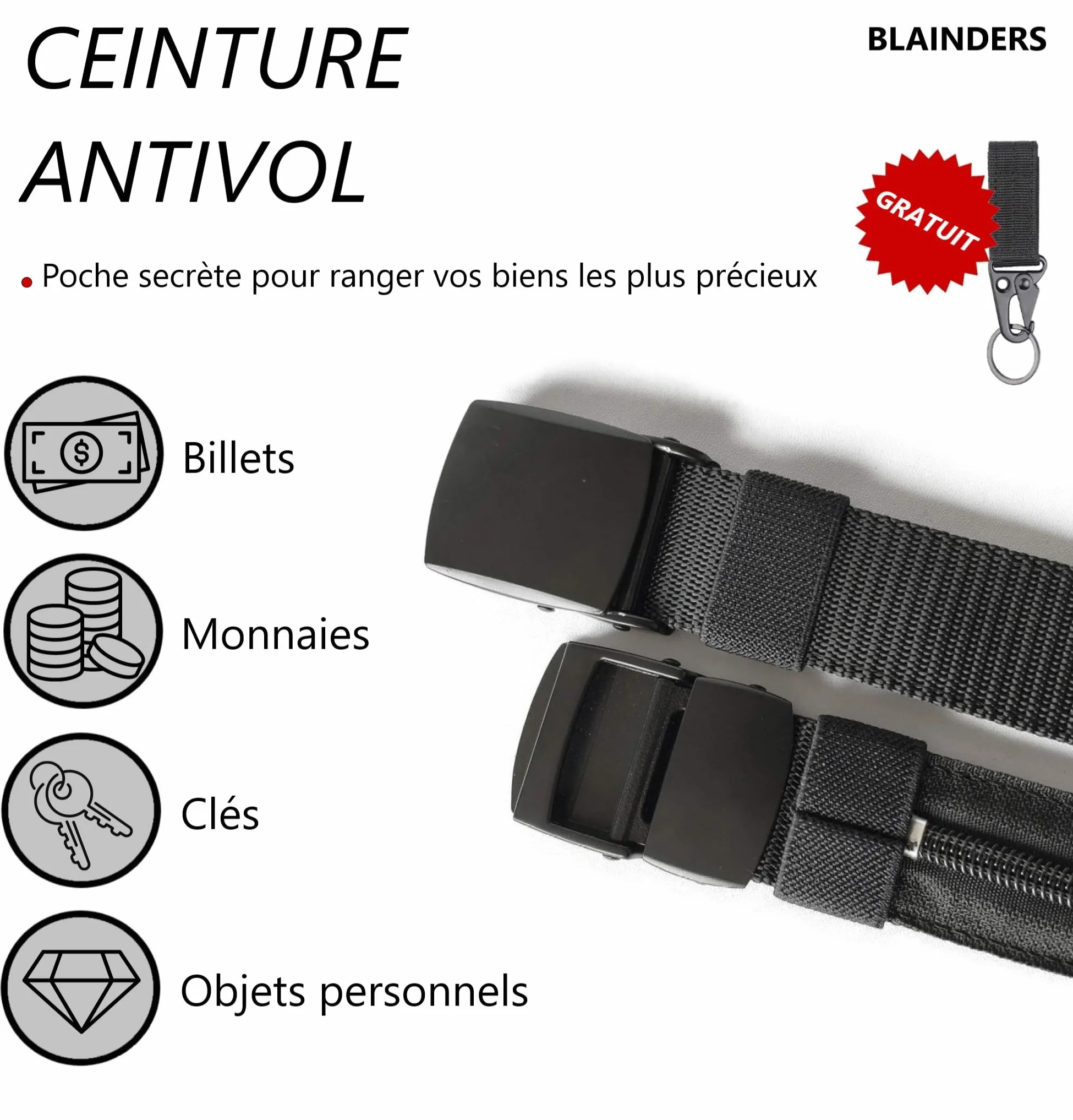 Ceinture de Voyage Porte-Monnaie Pochette Secrète Cache Billets Noir
