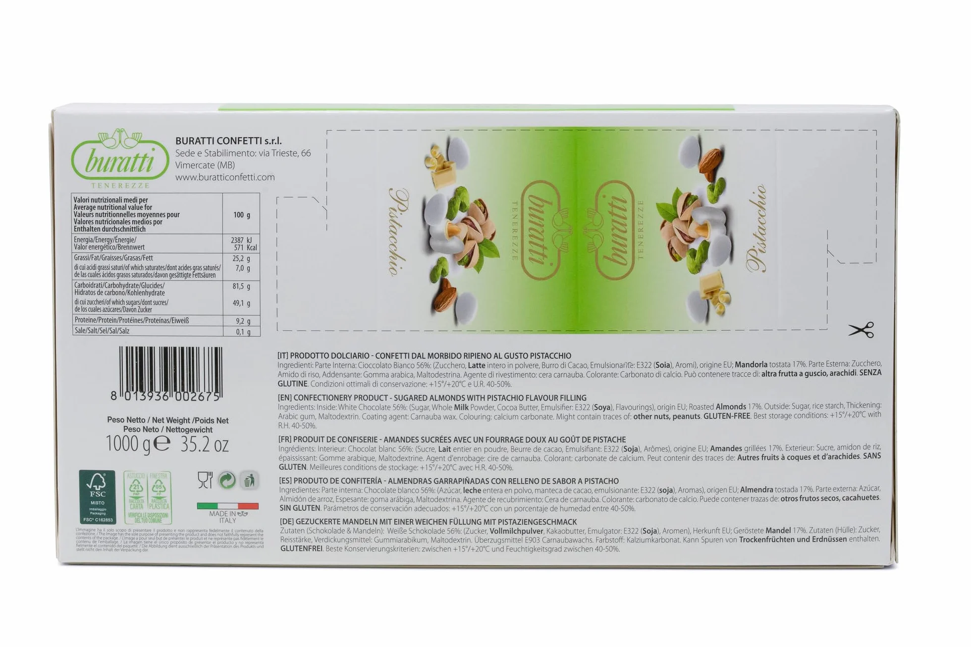 Buratti Confetti Dragées à l'amande Recouverte de Chocolat Pistache 1 Kg