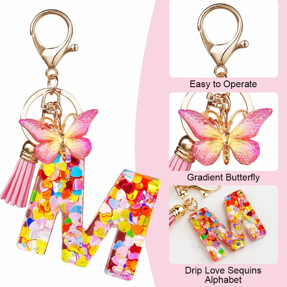 Porte-clés avec Initiales en Résine pour Filles et Femmes, Pendentif Papillon et Pampille