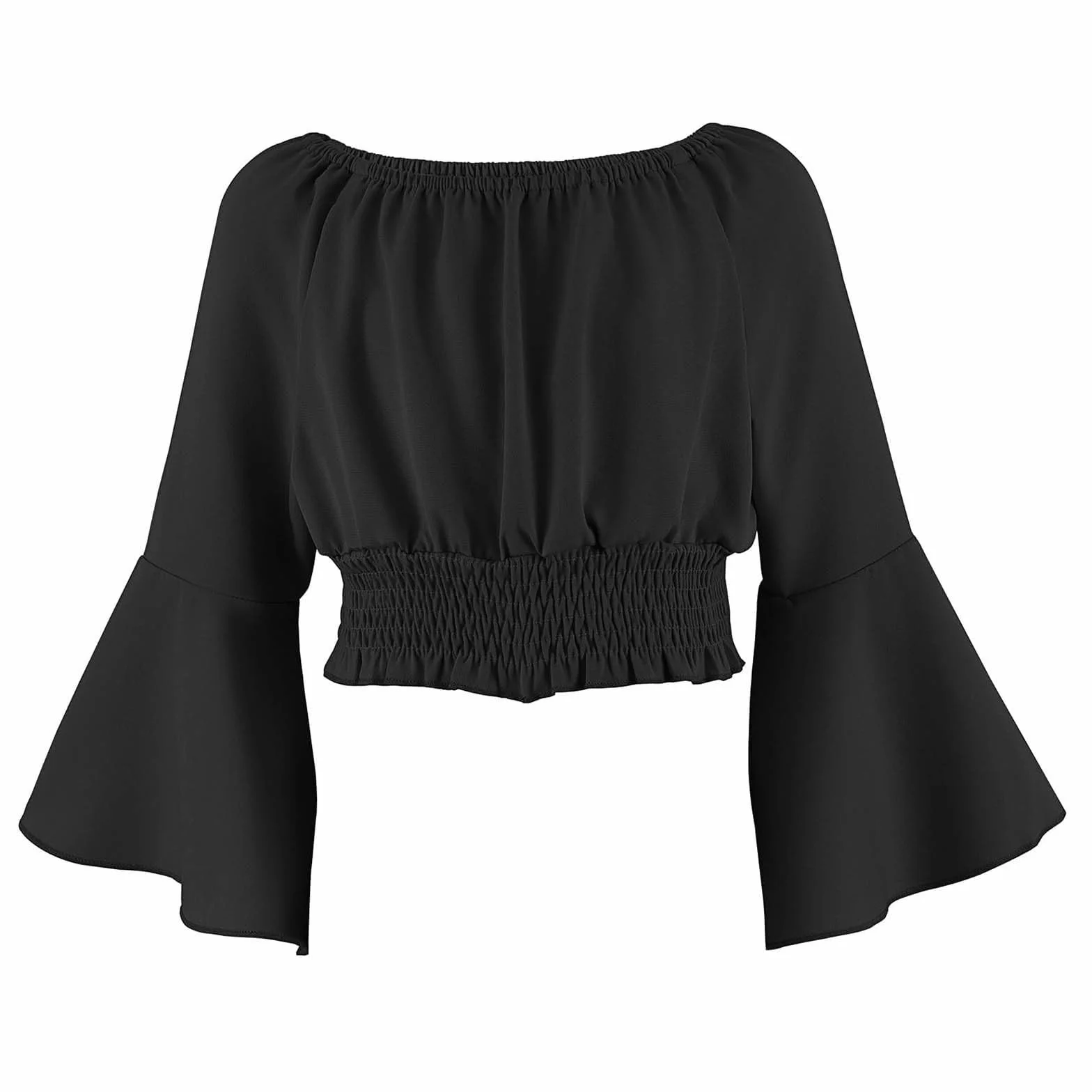 Haut Fille Épaules dénudées Manches évasées Taille élastiquée Crop Uni Décontracté pour Enfant Vêtement Fille pour Ado Haut Tendance
