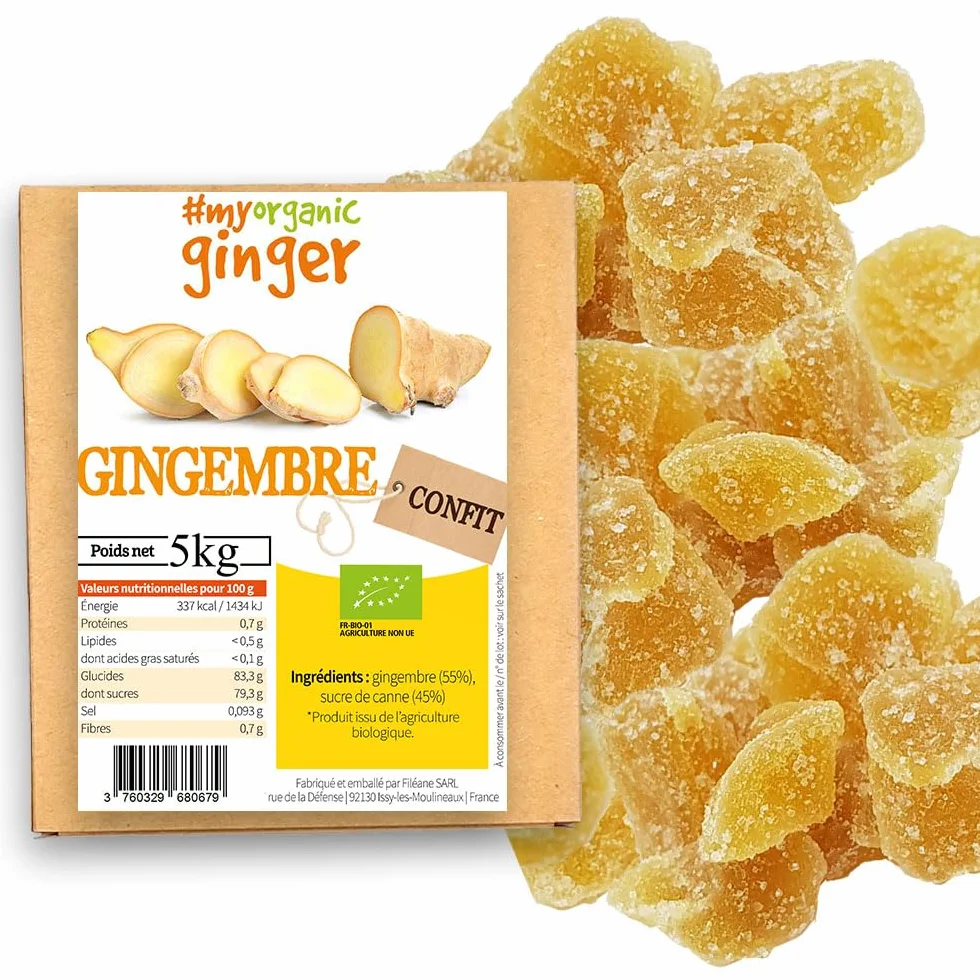 Gingembre confit BIO en cubes 5 kg Sachet vrac Fruit confit Sans conservateur