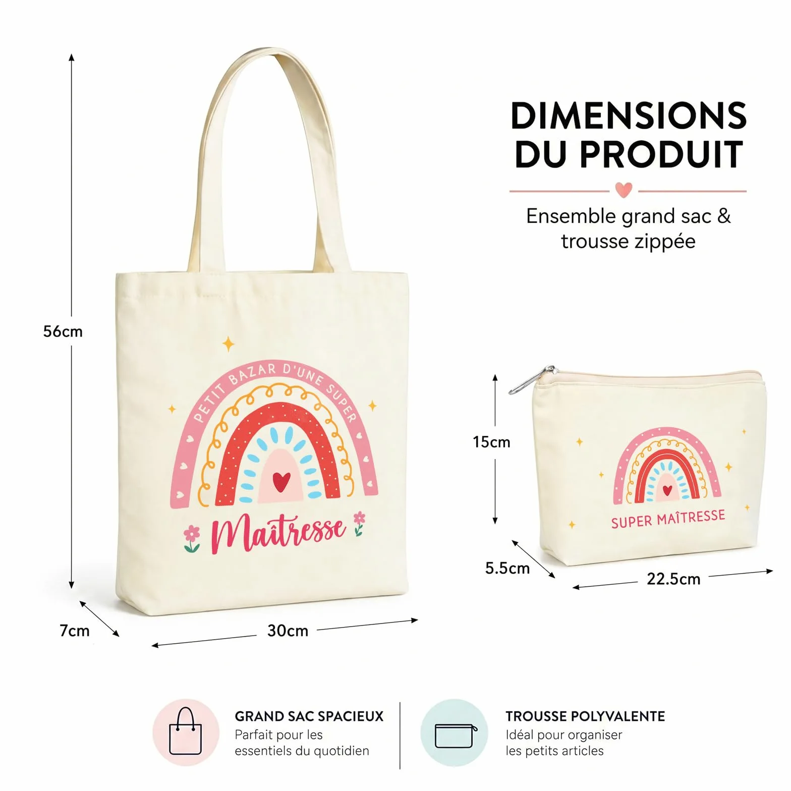 Sac en Toile Fourre-Tout Super Maitresse avec Trousse à Crayon