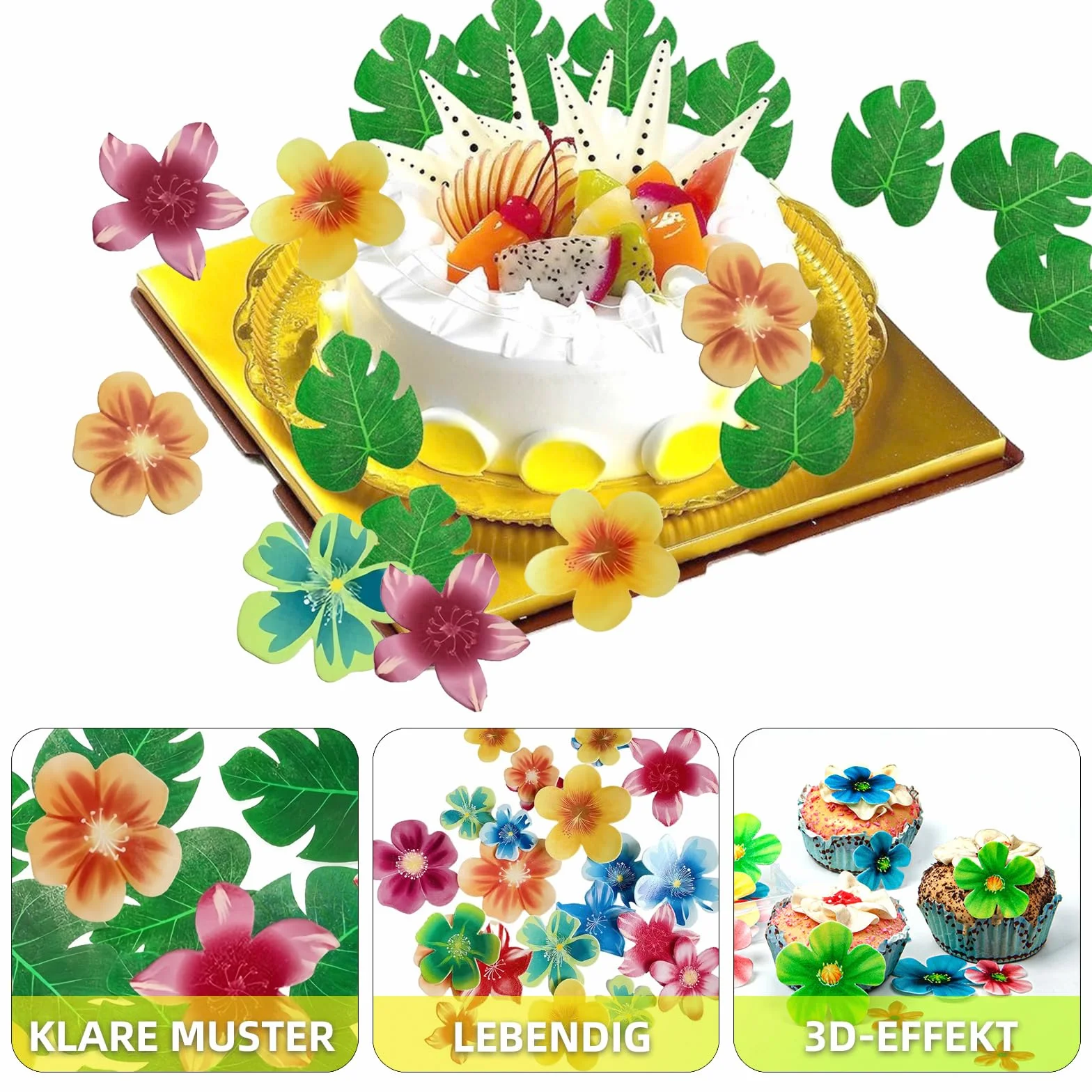 Lot de 83 décorations de gâteau en papier comestible : 35 fleurs comestibles, 48 feuilles comestibles pour cupcakes, décorations d'anniversaire jungle, idéales pour les fêtes hawaïennes et les