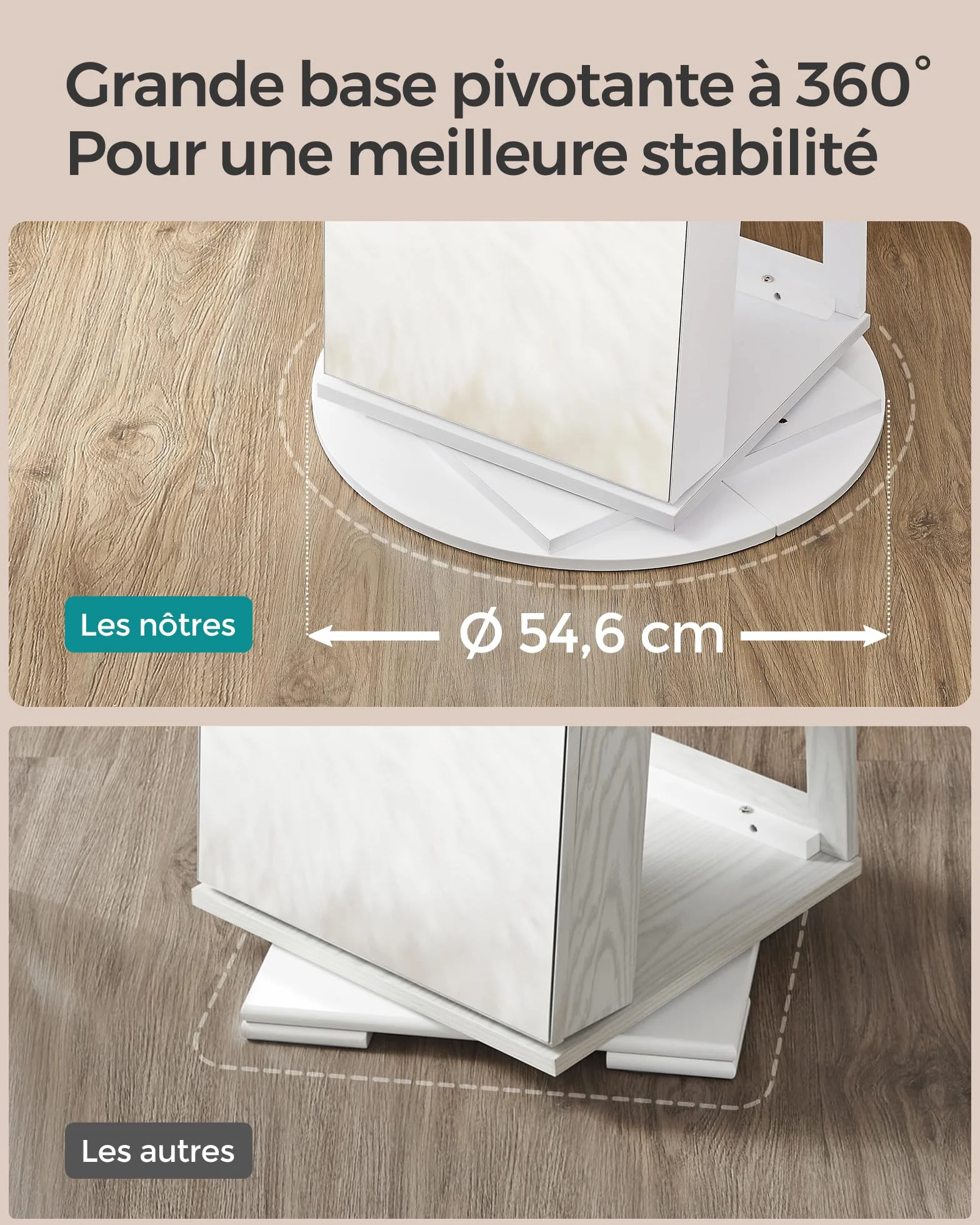 SONGMICS Armoire à Bijoux avec Miroir sur Pieds, Verrouillable, 6 LED, Pivotant 360°, 3 Étagères, Blanc, Noir