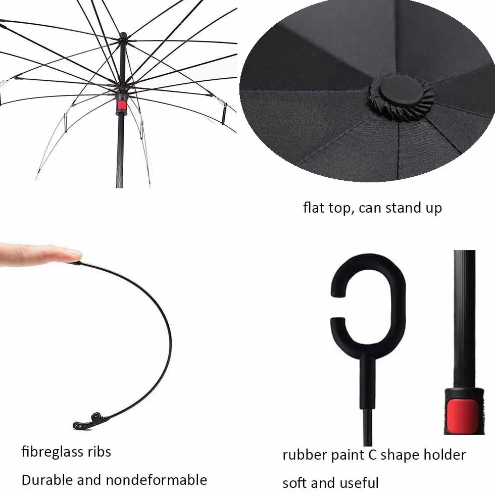Parapluie Inversé Mains Libres Poignée Forme C Double Couche Coupe-Vent Anti-UV Voyage Voiture