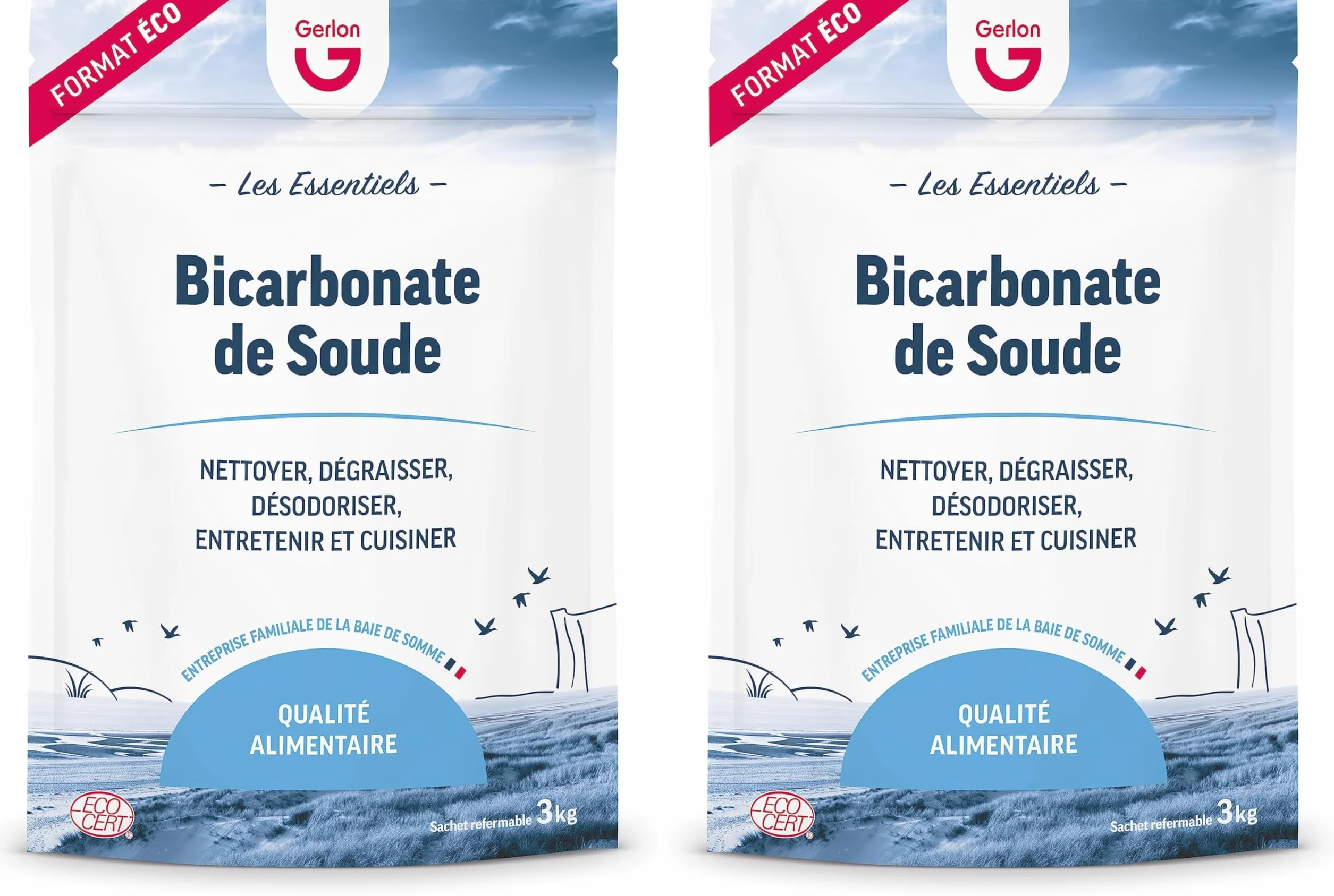 Gerlon Bicarbonate de Soude Grand Format 3 kg – Format Pratique et Refermable – Ménager & Alimentaire - Fabriqué en France (Lot de 2)