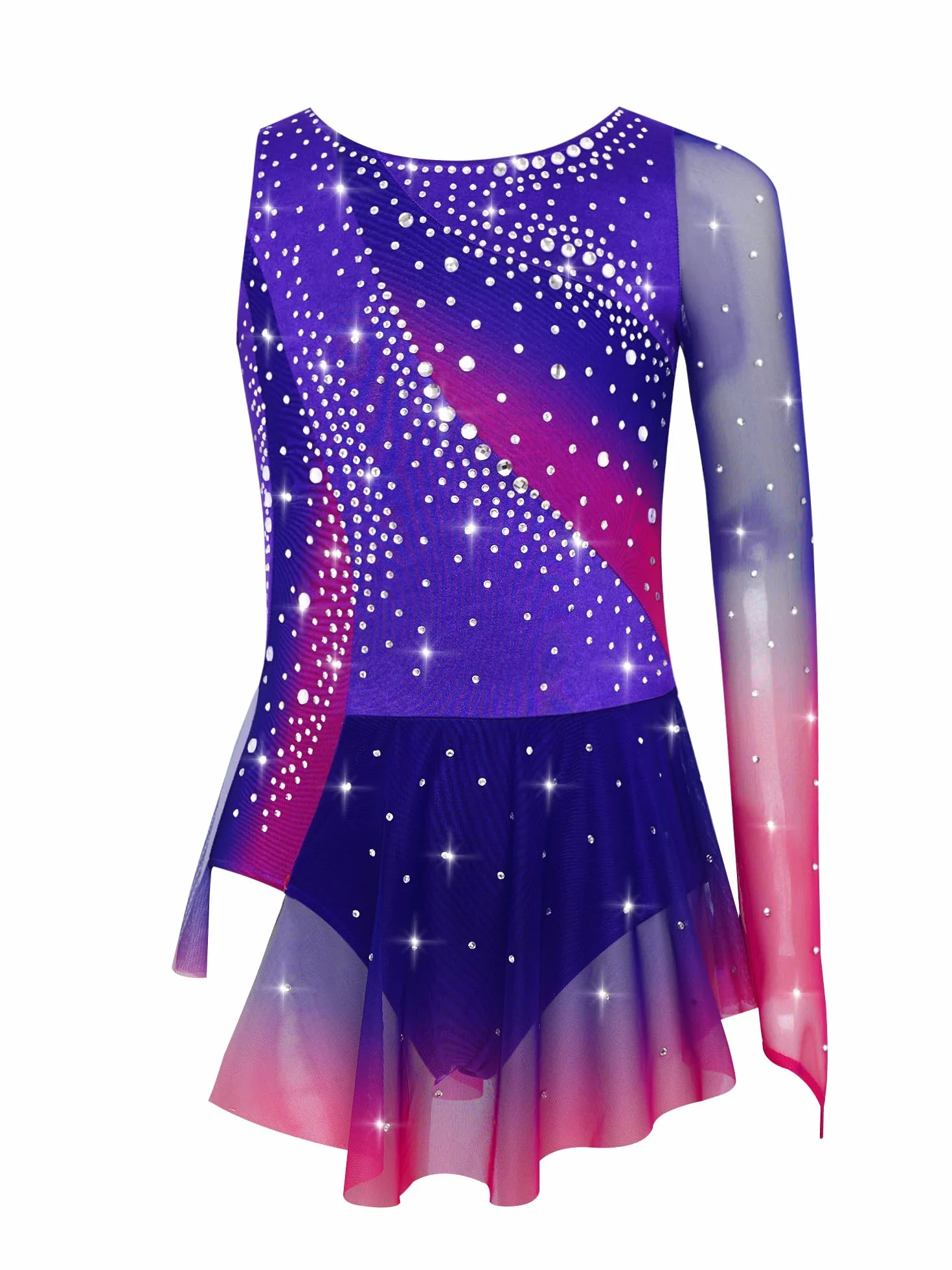 Robe Patinage Artistique Asymétrique Une Epaule Strass Justaucorps Gymnastique Danse Enfant 5-16 Ans