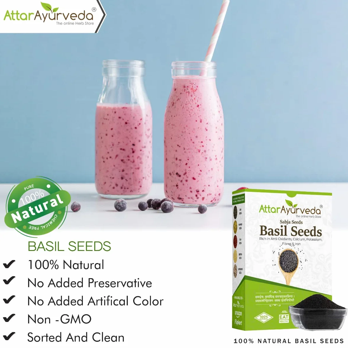 Attar Ayurveda Sabja Basil Seeds Rich in Protein, Fiber, Vitamins & Minerals Reduces Body Heat 100% Pure and Natural No Preservative Vegan Friendly Non-GMO 500gm