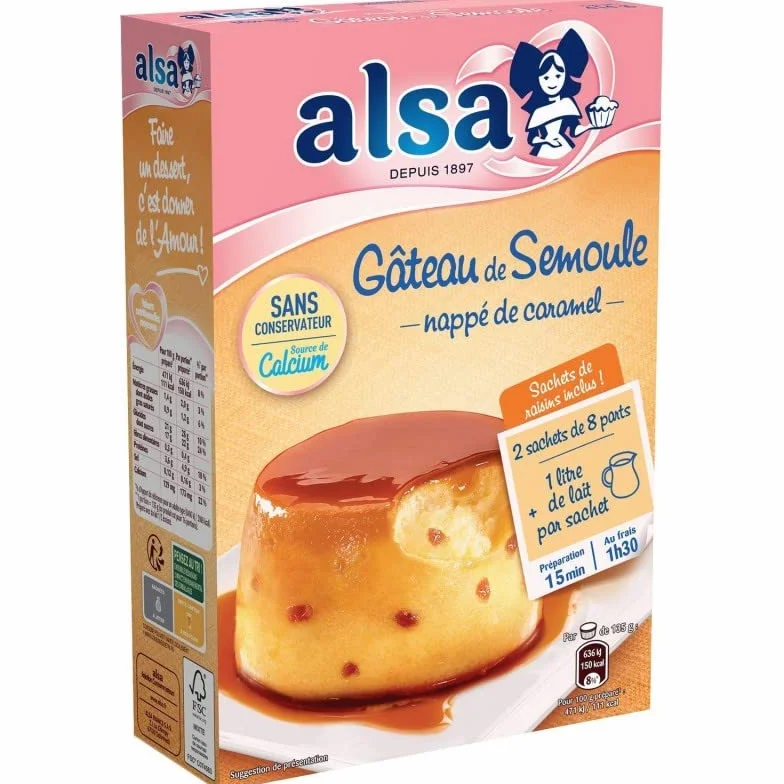 PRÉPARATION GÂTEAU DE SEMOULE NAPPAGE CARAMEL 2 SACHETS 414G, ALSA, LOT DE 4