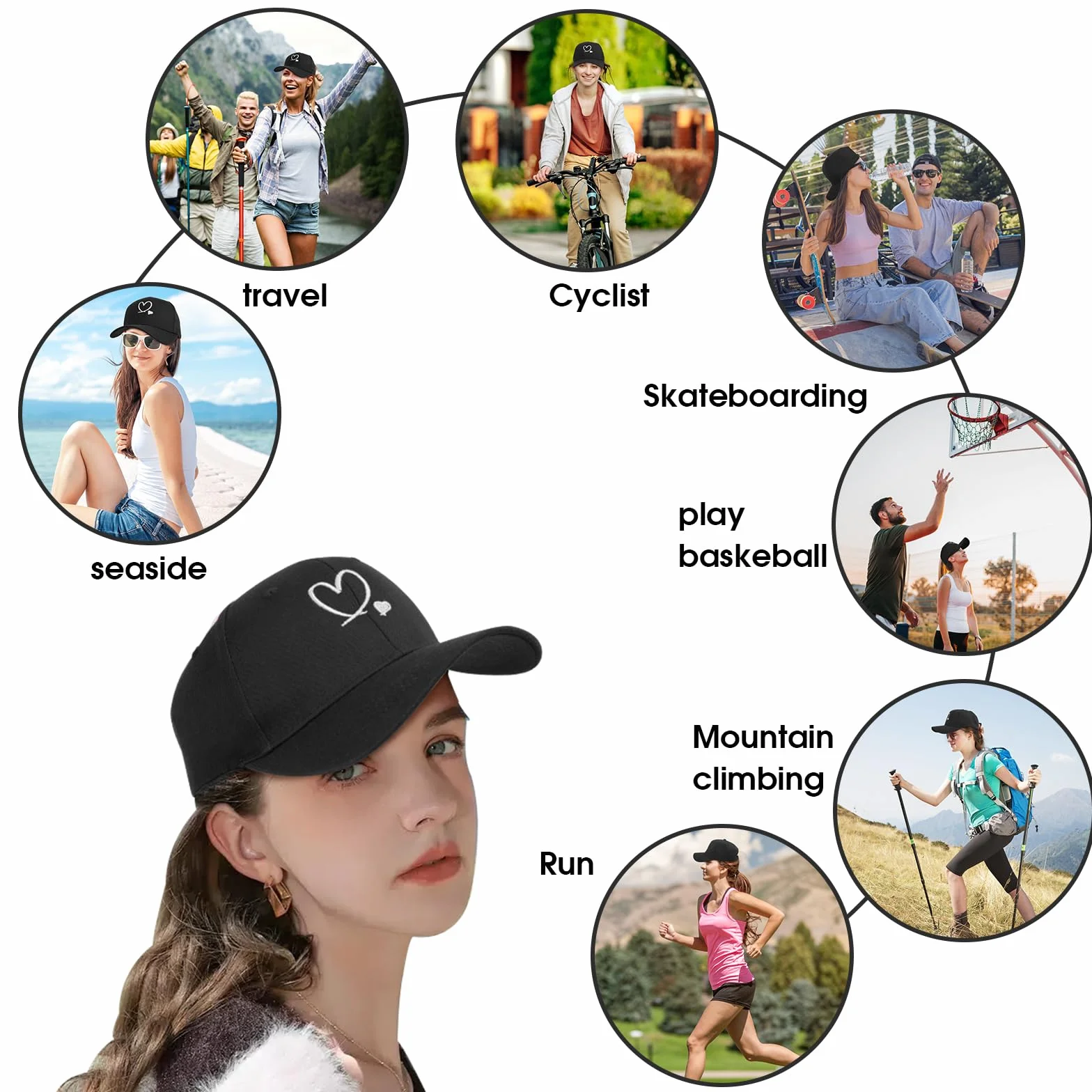 Tiakay Casquette de Baseball Unisexe à Broderie de Cœur Réglable Coton Respirant Protection UV Chapeau Soleil Été Plein Air Voyage Sport