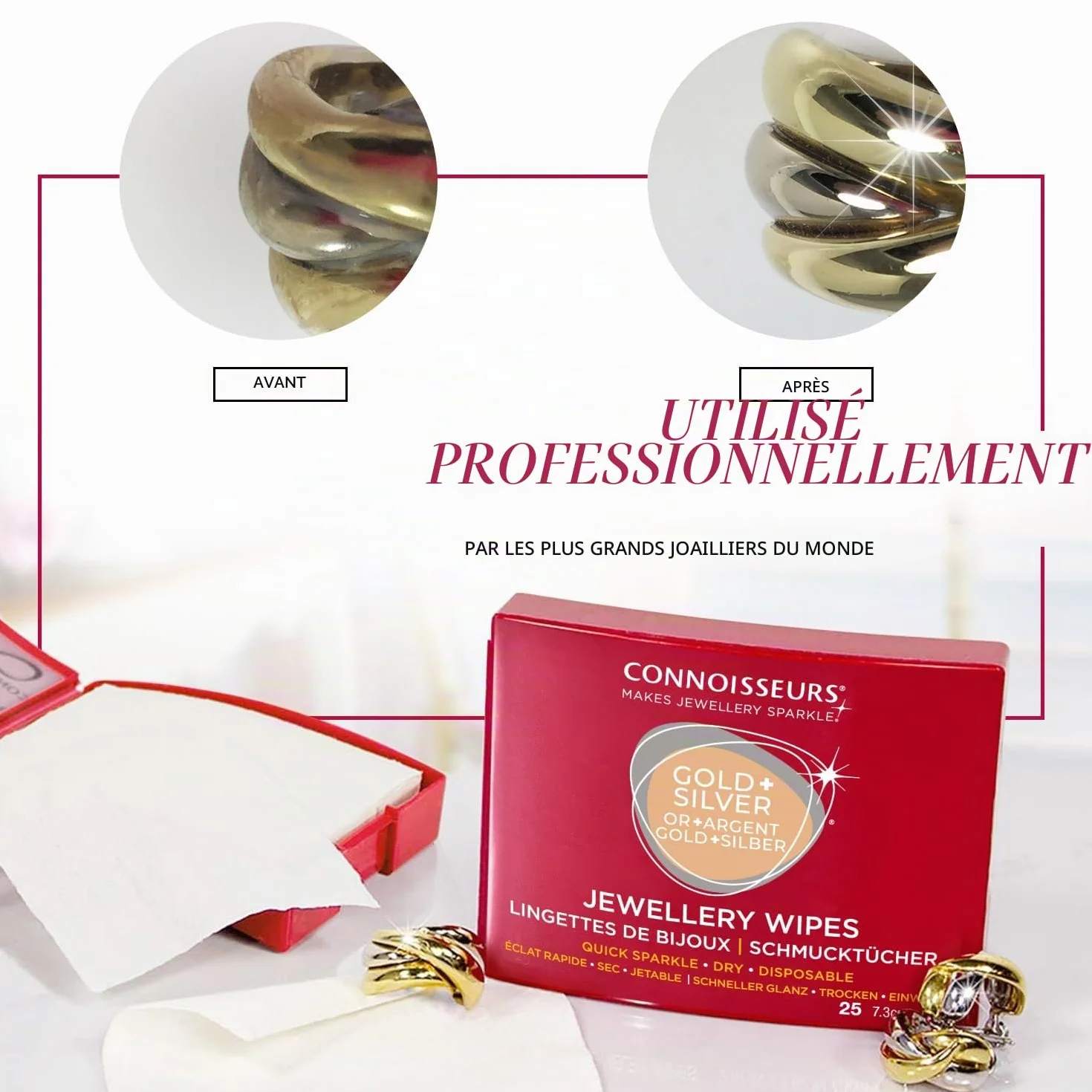 Connoisseurs Lingettes Nettoyantes pour Bijoux - Chiffon Polish Argent Or - Brillance - 25 Lingettes Sèches