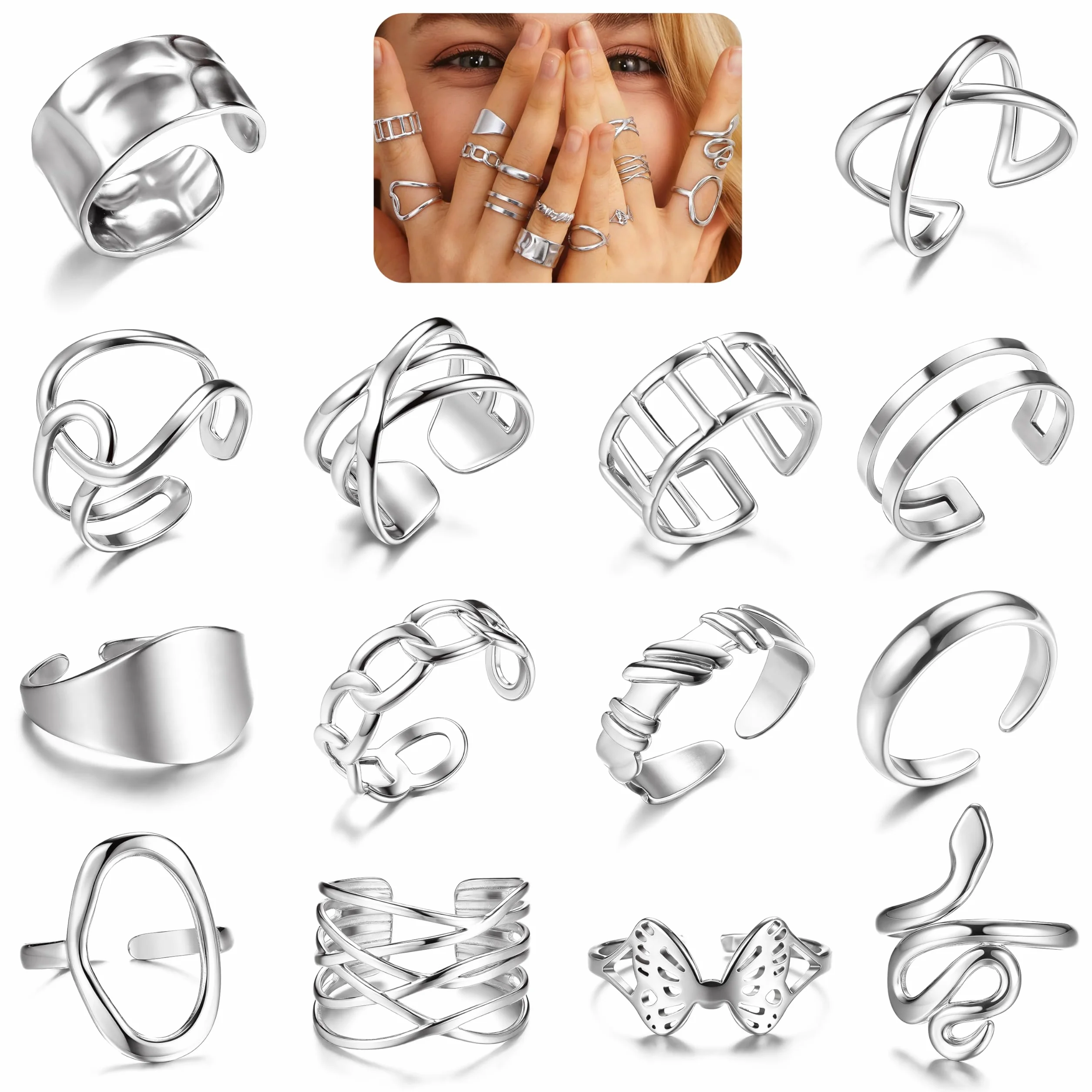 LOLIAS 14 Pièces Bague Femme Or Argent Plaqué Acier Inoxydable Lot Bague Ouvert Pouce Knuckle Ajustable Bijoux