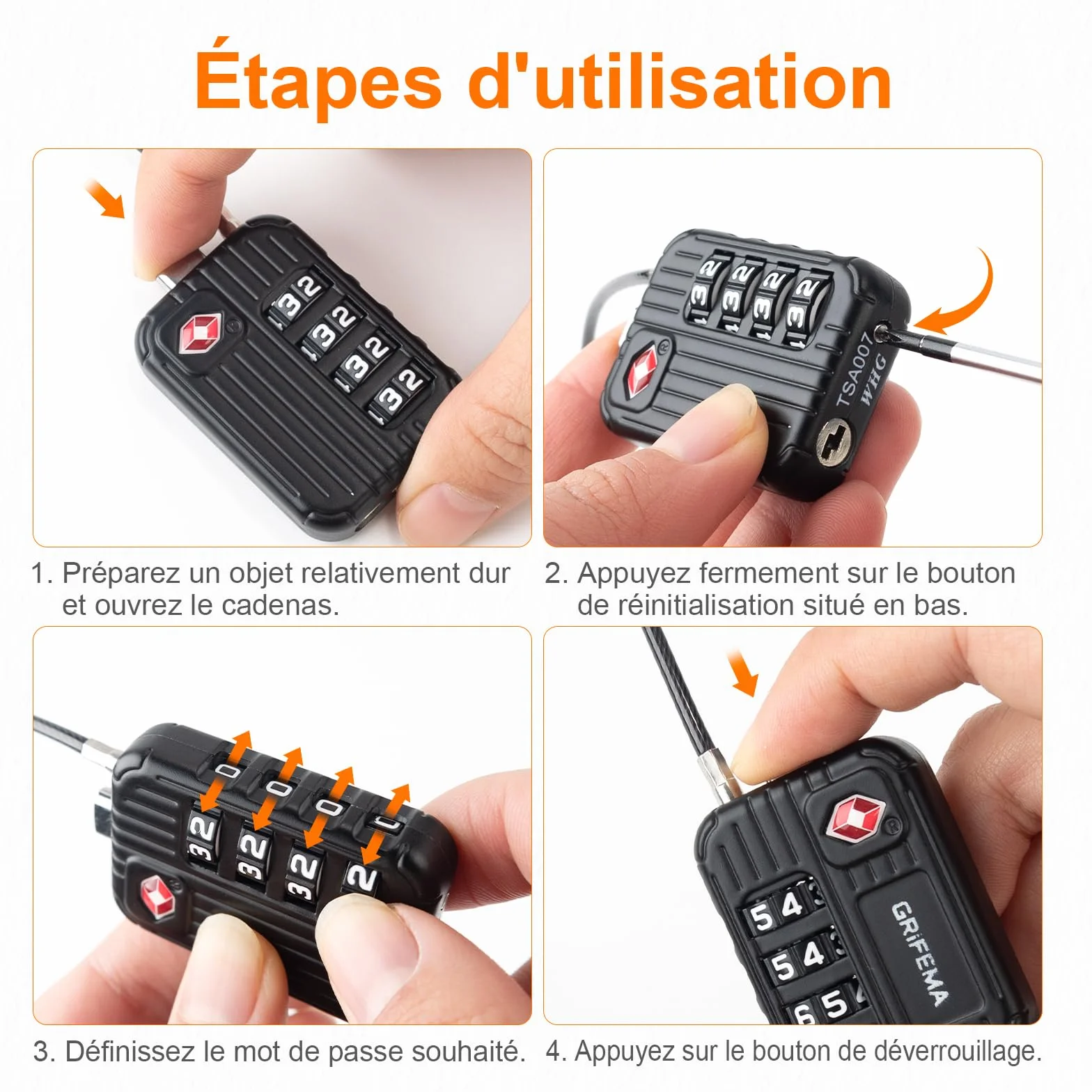 GRIFEMA GA1008 Cadenas à Combinaison 4 Chiffres Homologué TSA pour Bagages Noir