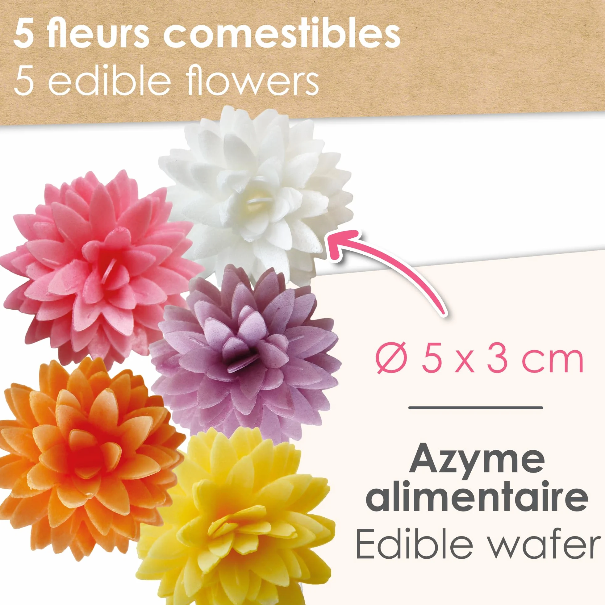 ScrapCooking - 5 Dahlias Assortis en Azyme - Fleurs Comestibles Décoration Gâteau - Déco Alimentaire Pièce-Montée, Cupcakes, Pâtisseries, Anniversaire - Blanc, Jaune, Orange, Rose, Mauve - 2298