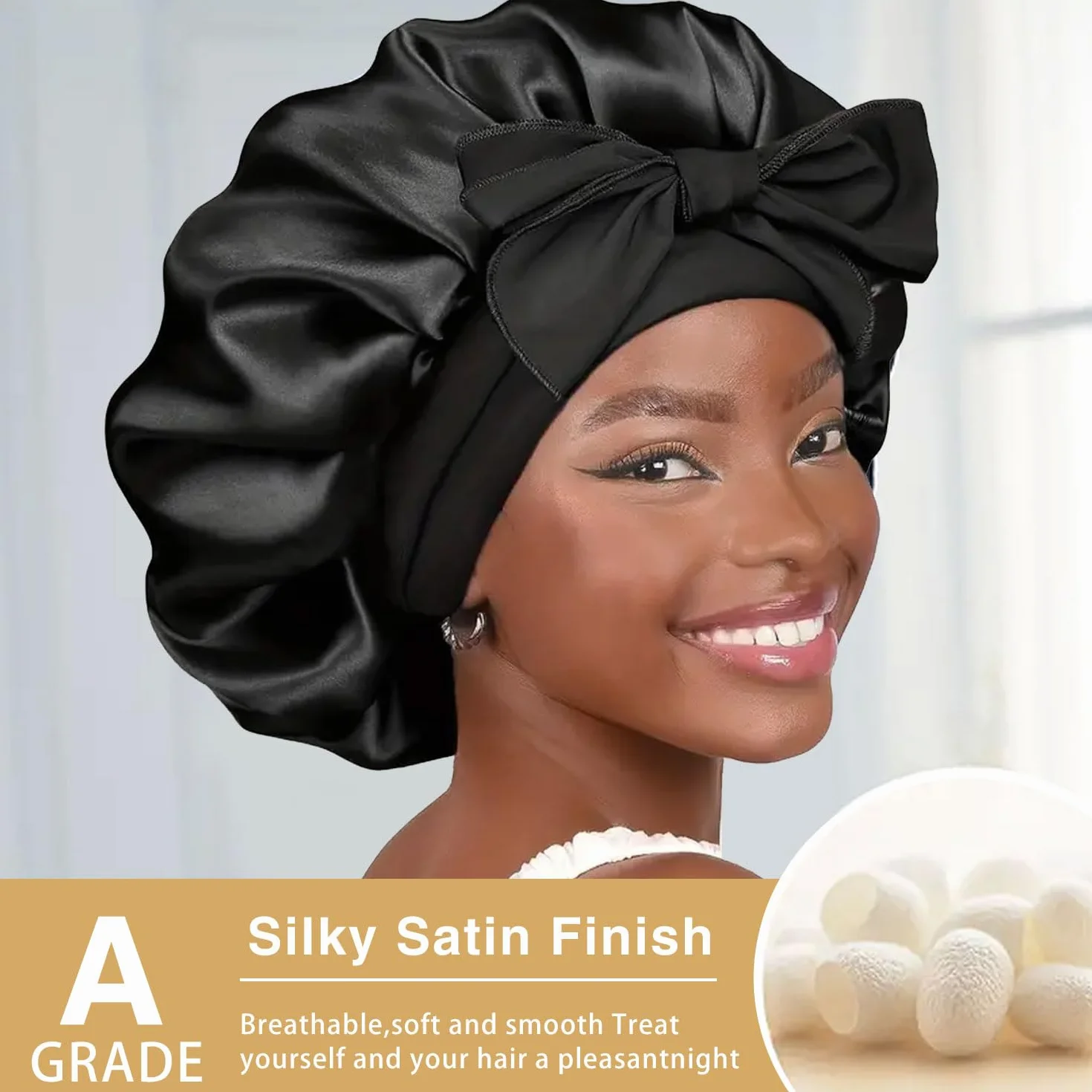 Satin Bonnet de Nuit pour Femmes Taille Ajustable Cheveux Bouclés Naturels