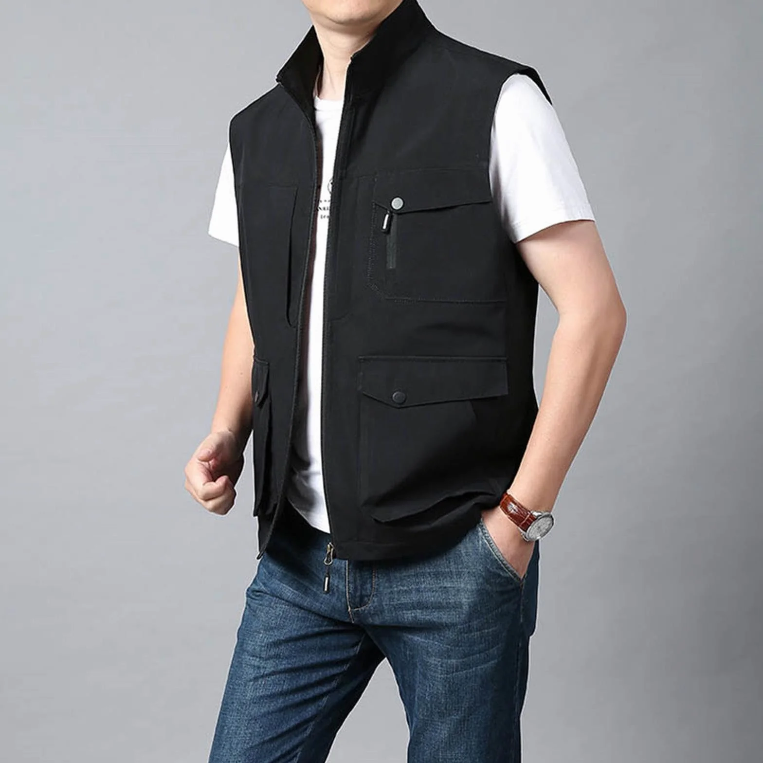 Veste de survêtement homme gilet camping sans manches poches pratiques extérieur coton chasse randonnée pêcheur