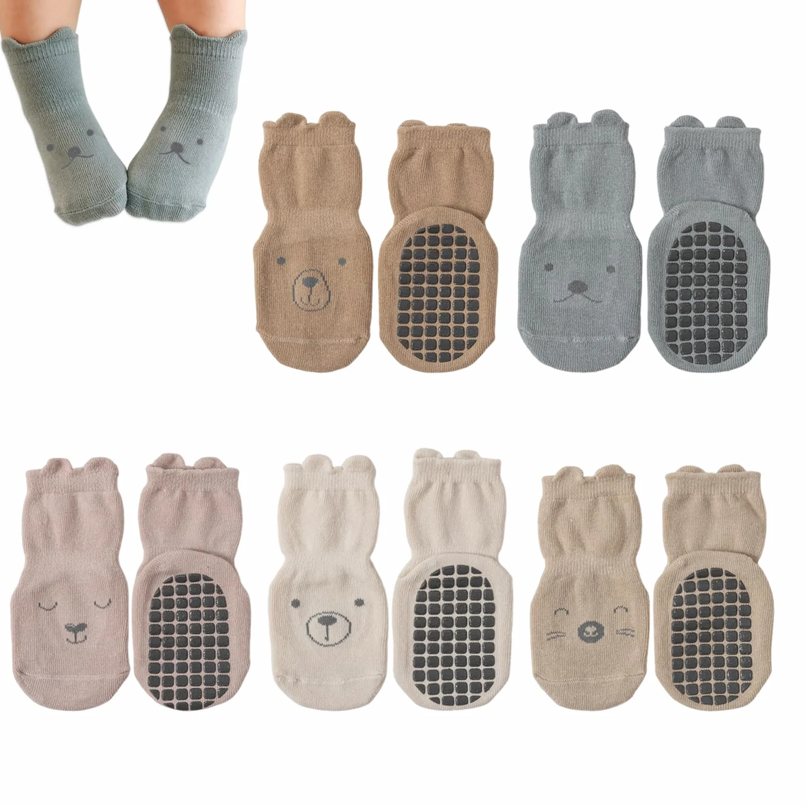 Chaussettes Antidérapantes Bébé, Chaussette Bebe en Silicone, 5 Paires, Motifs Intéressants