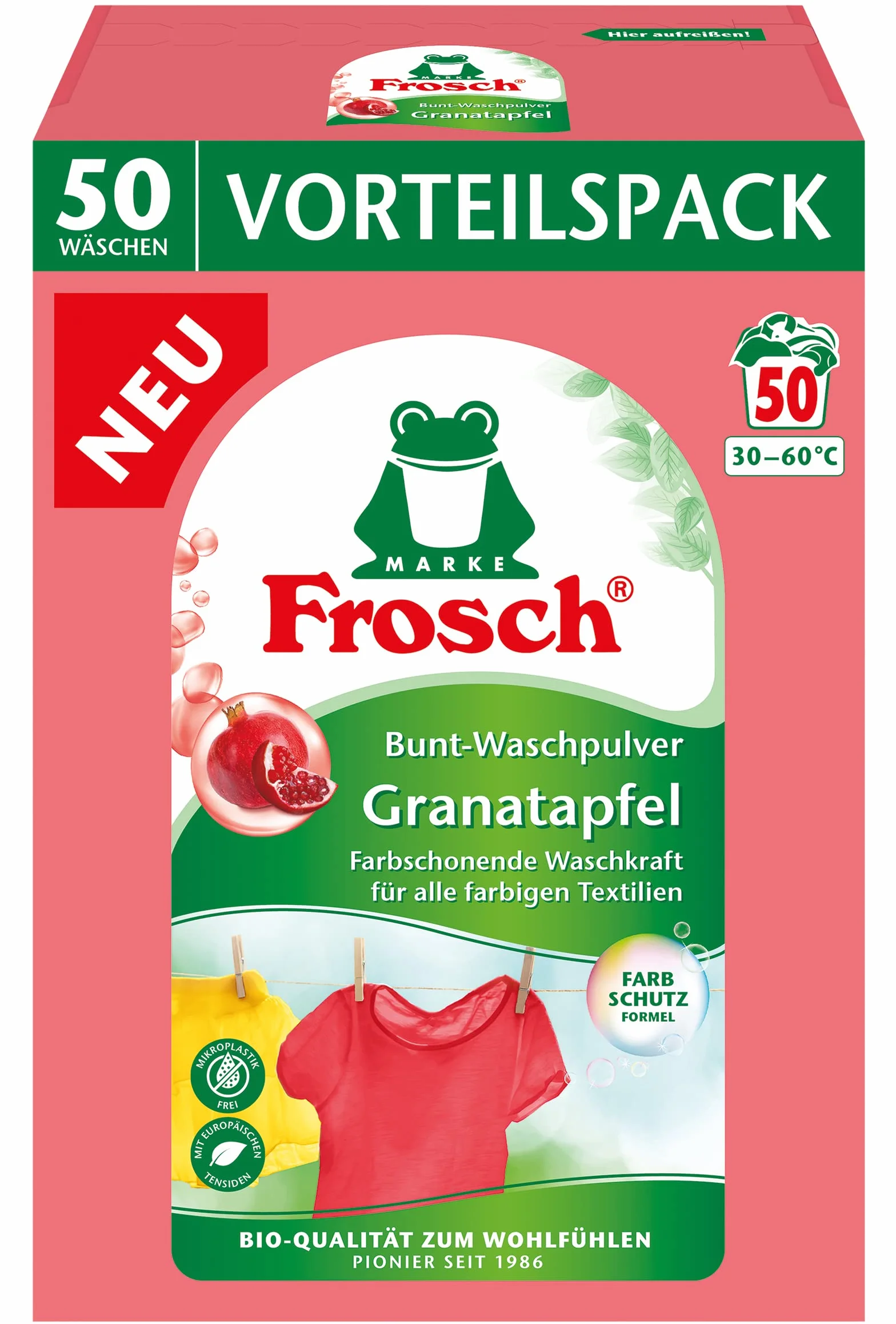 Frosch Lessive en poudre colorée à la grenade (50 WL), lessive colorée lutte contre les taches les plus tenaces, protection des couleurs, 1 paquet (1 x 3,3 kg)