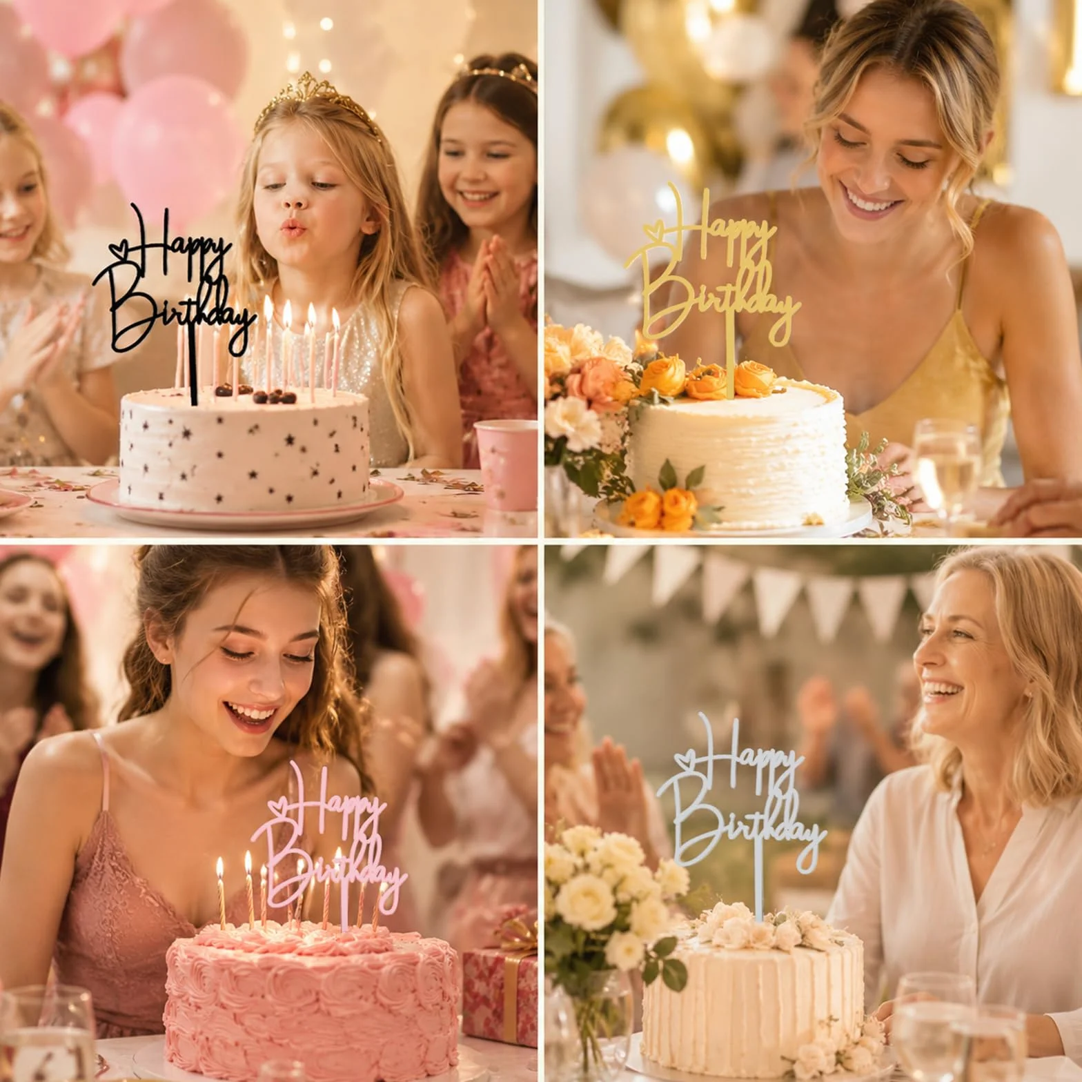 4 Pièces Topper Happy Birthday Decoration Gateau Acrylique Réutilisable,Joyeux Anniversaire Decoration Gateau,Décorations de Gâteau « Happy Birthday » pour Décoration de Gâteau de Fête D'Anniversaire