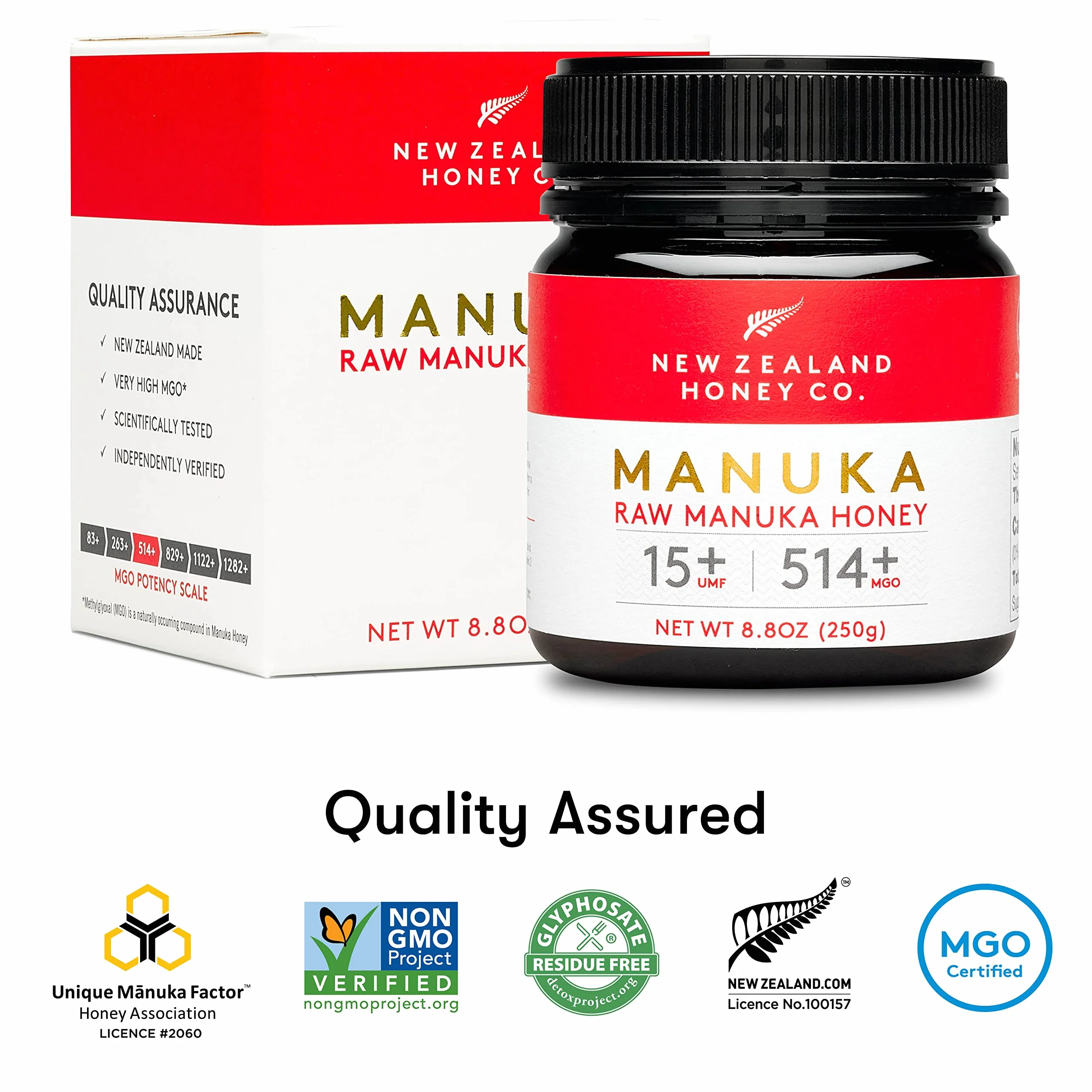 Miel de Manuka MGO 514+ / UMF 15+ de New Zealand Honey Co. | Actif et brut | Fabriqué en Nouvelle-Zélande | 250g