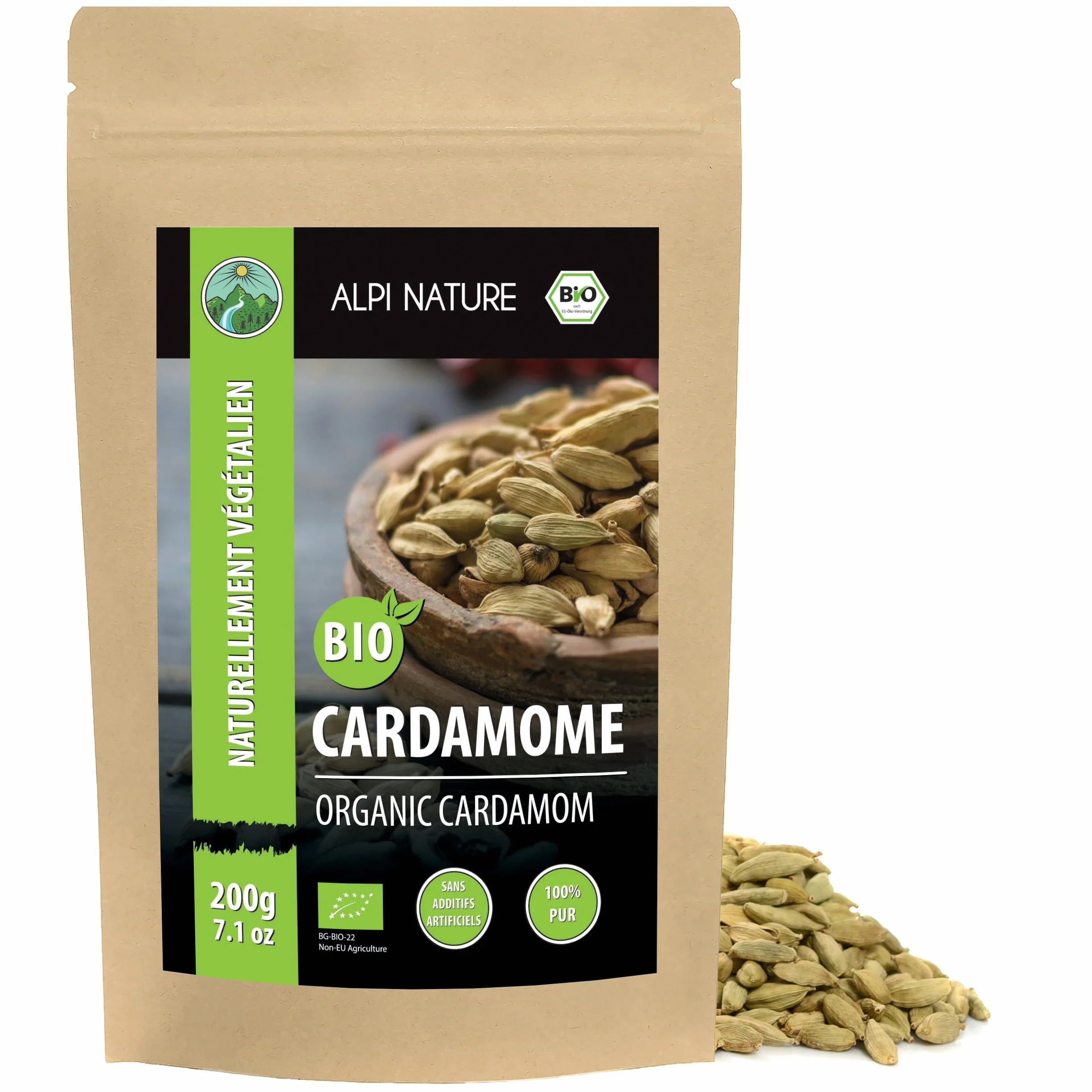 Alpi Nature Cardamome BIO Gousses Entières 200g, Gousses de Cardamome Verte Entières avec Graines pour la Cuisine