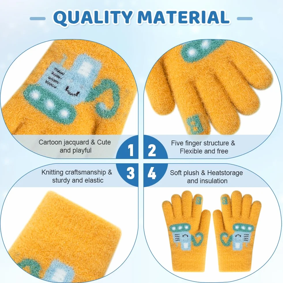 Gants Hiver Enfant 3 Paires Mitaines Tricot Extensibles Colorés Chauds 4-10 Ans Garçons