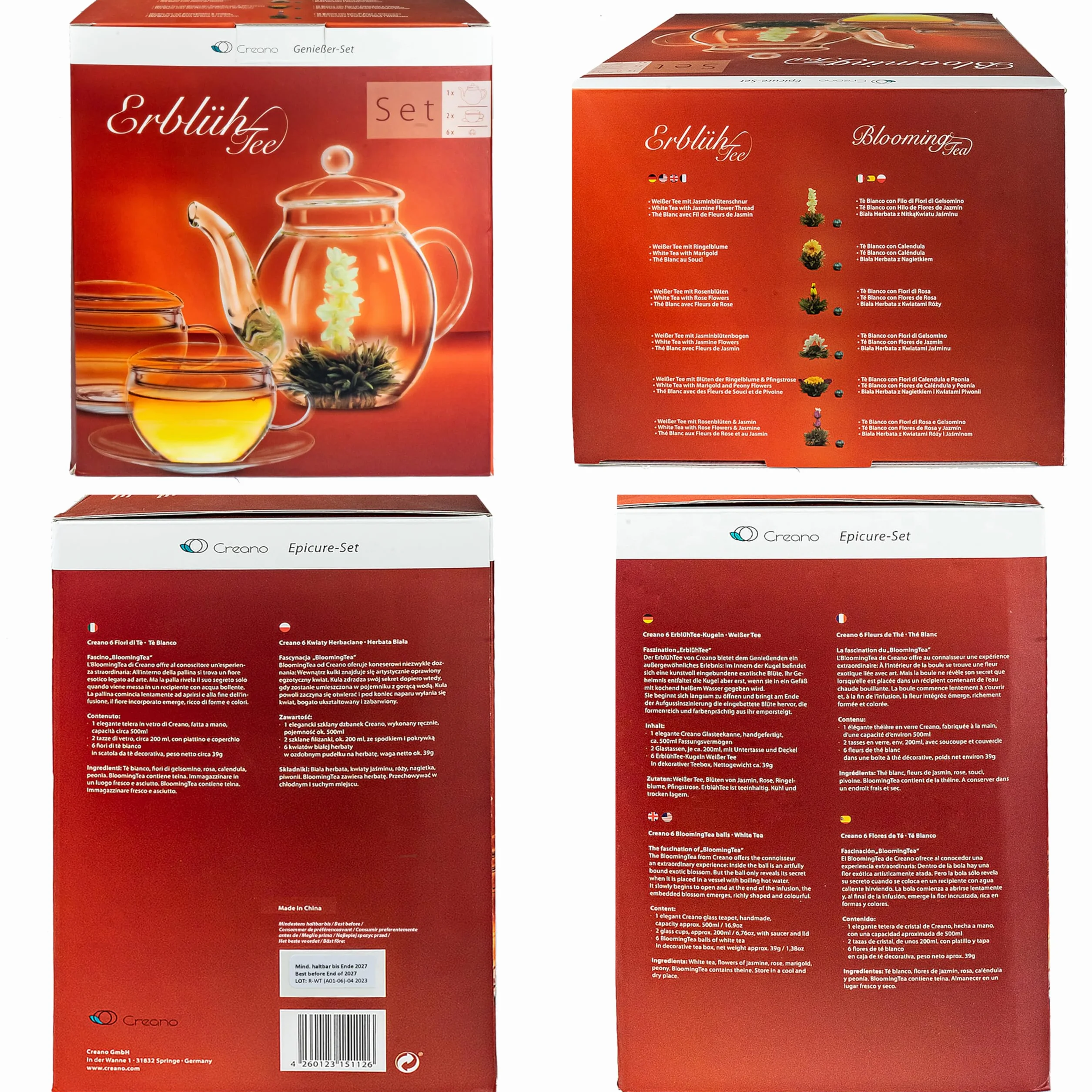 Creano – Coffret Fleur de Thé 6 pcs + Théière verre 500 ml sans goutte + 2 Tasses de thé 200 ml soufflées à la bouche – 6 variétés de thé blanc, idée cadeau – Thé en Fleurs