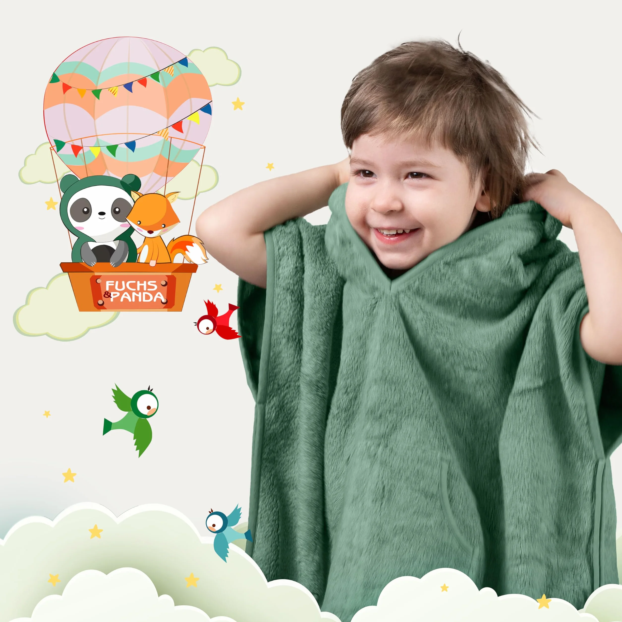 Poncho de bain pour enfants Fuchs&Panda 100% bambou extra chaud et doux Rame-Vert