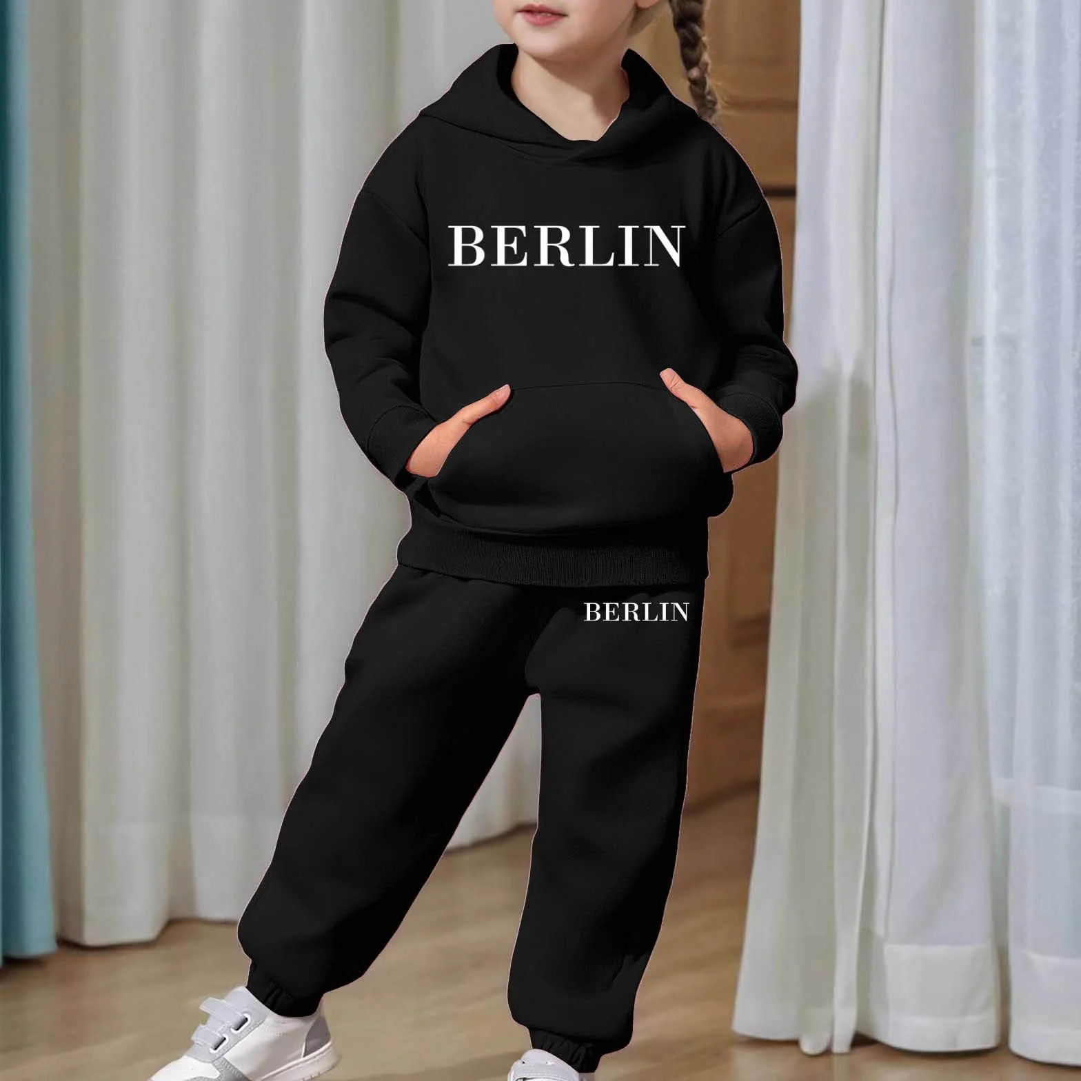 Survêtement 2 pièces pour fille et garçon - Ensemble manches longues chaud sweat à capuche et pantalon jogging