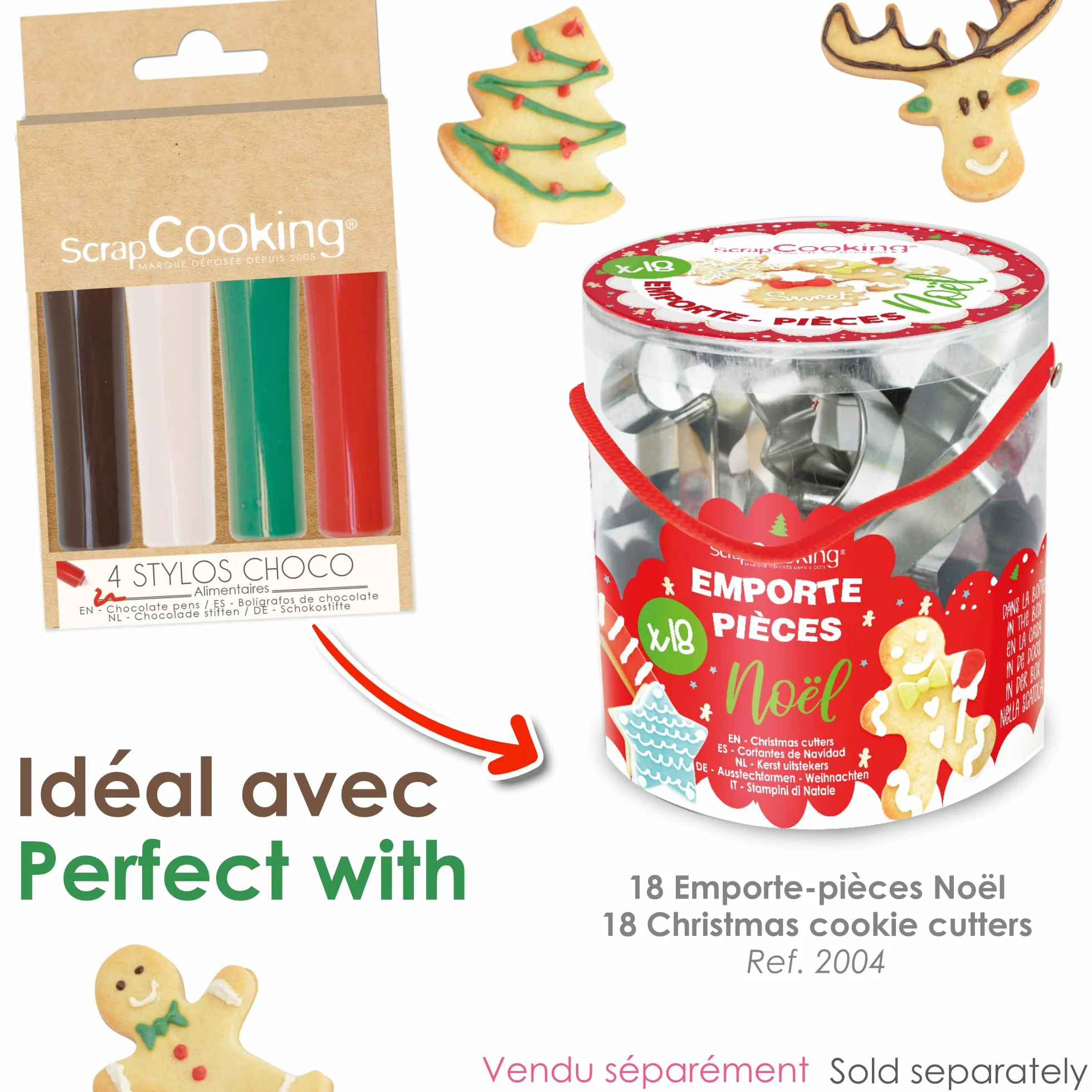 ScrapCooking - 4 Stylos Choco Noël - Marron, Blanc, Vert & Rouge - Crayons Alimentaires Pâtisserie - Colorants Décoratifs Comestibles - Écrire & Dessiner sur Desserts, Gâteaux & Biscuits - 7060
