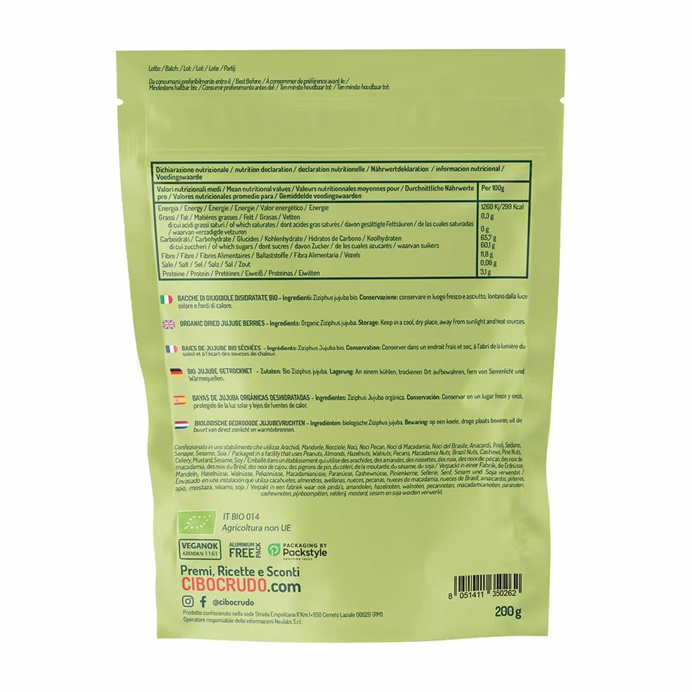 Jujube Séché Bio - 200g. Baies Rouges. De la plante de Jujube Séchée Sans Sucre Ajouté. Ils Contiennent Vitamines Minéraux et Fibres. A Ajouter aux Yaourts/Smoothies ou Aux Aesserts et Confitures.