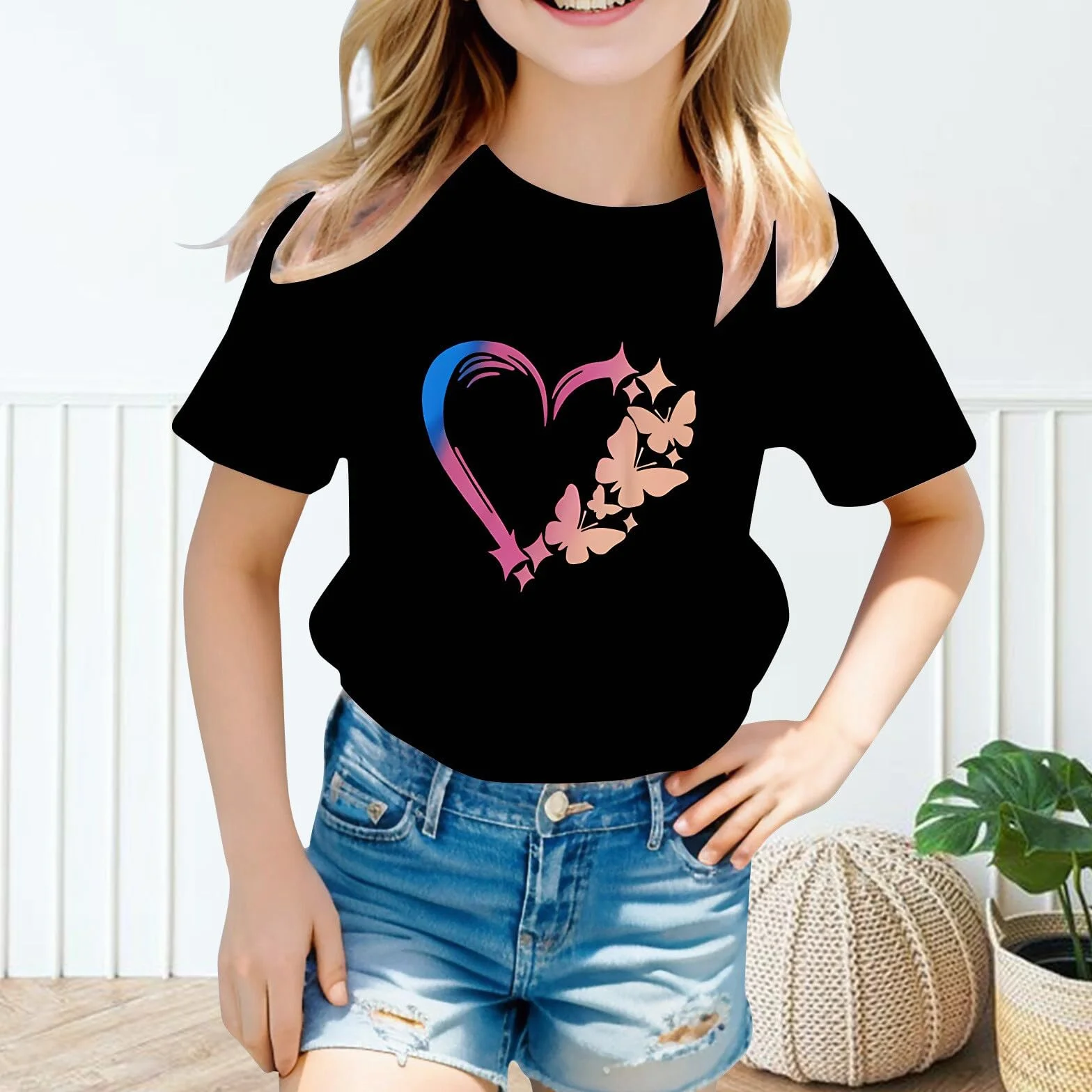 Tee Shirt Fille Manche Courte été col Rond 3-12 Ans Fluide Love