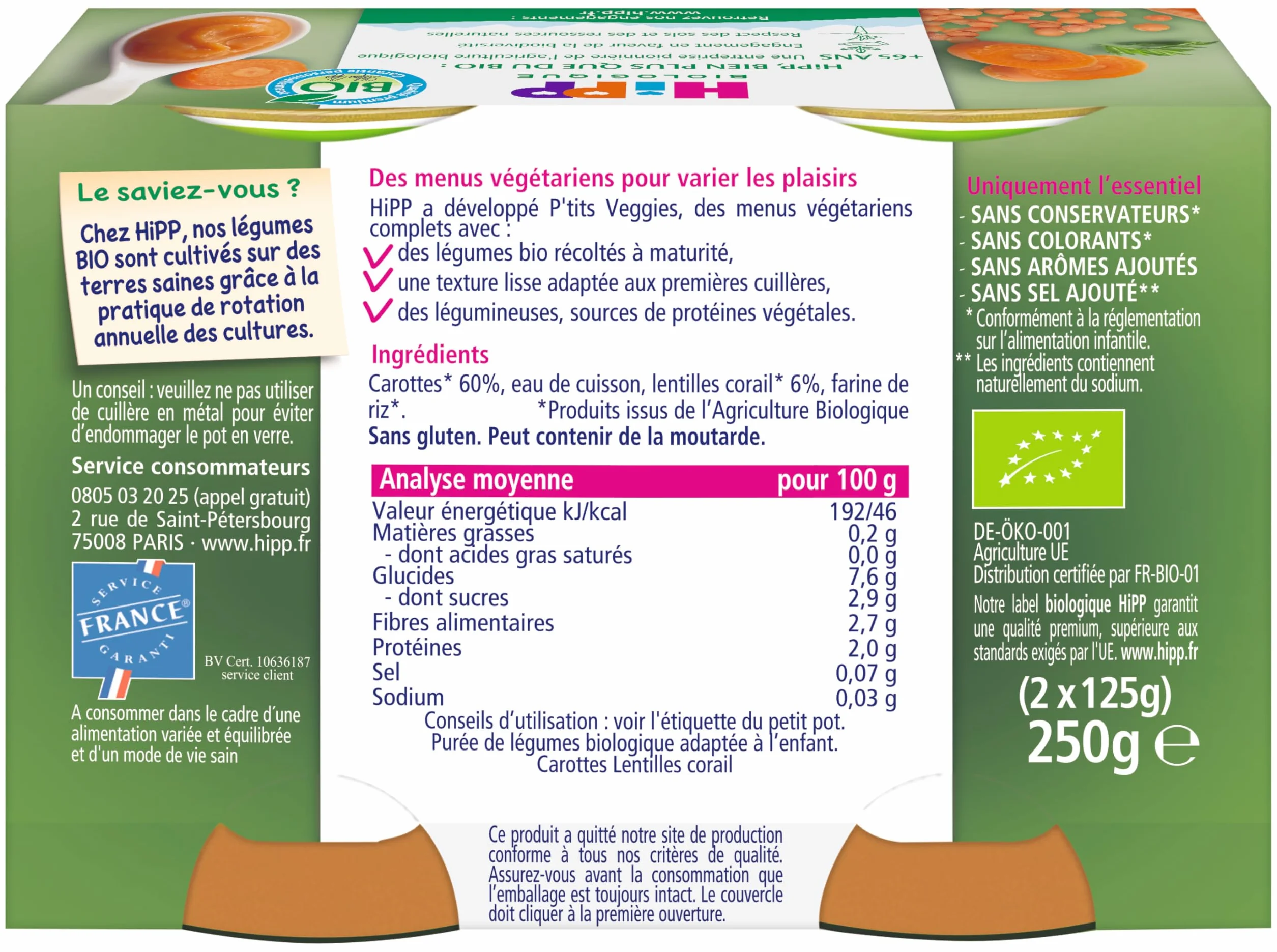 HiPP - P'tits Veggies - Carottes Lentilles Corail - Pots 2x125g - Lot de 6 - BIOLOGIQUE