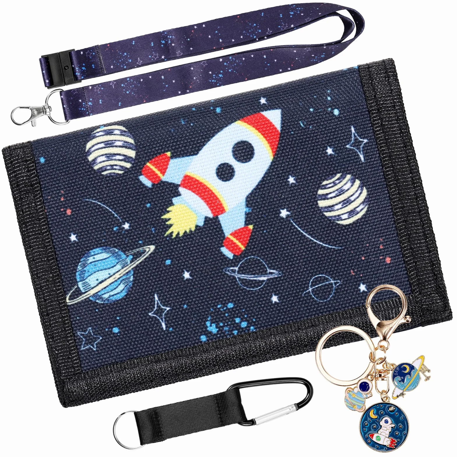 Porte Monnaie Enfant Fusée Sac Tour de Cou avec Lanière Porte-Clés Portefeuille Garçon 3 Volets Cadeau Noël