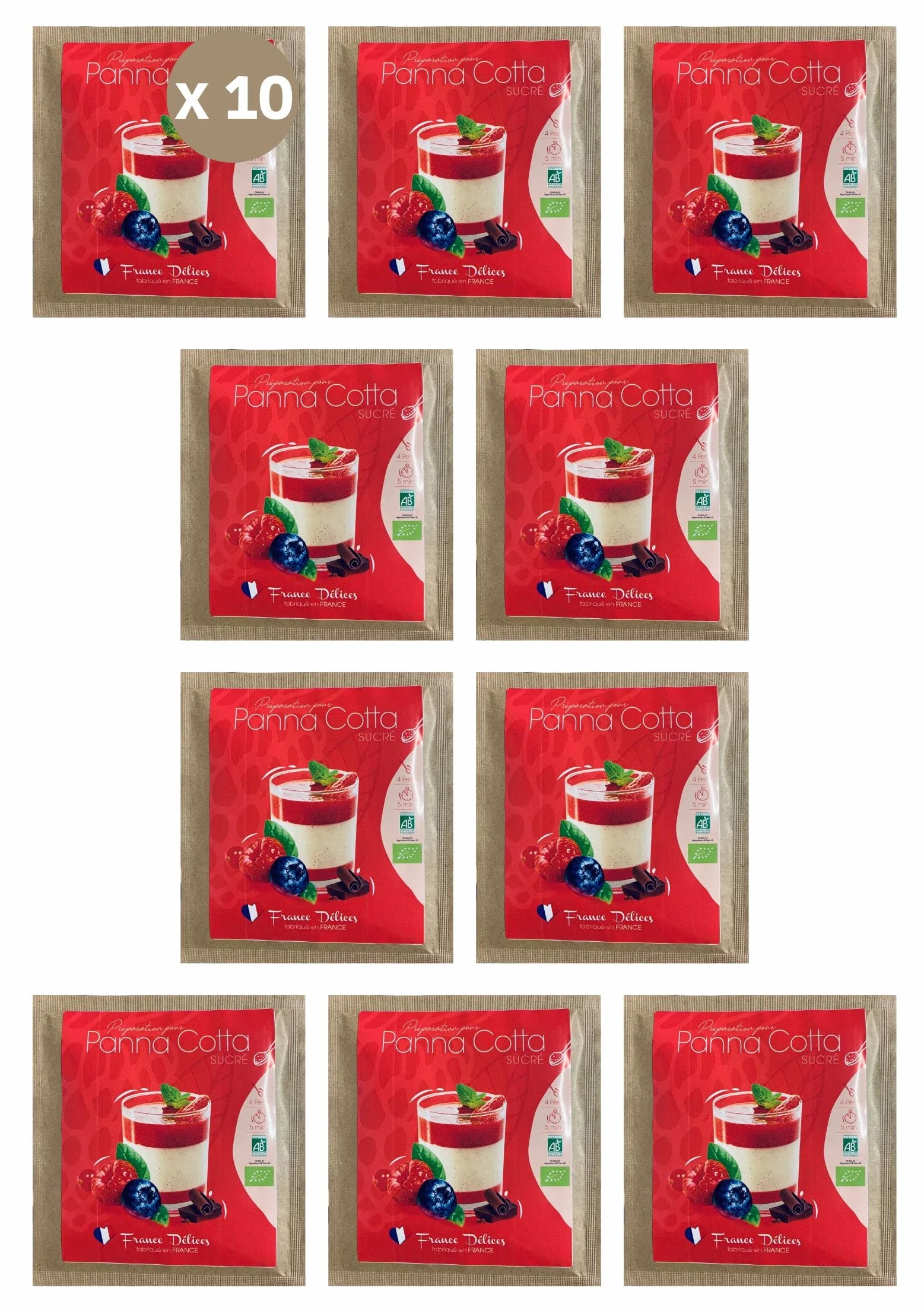 FRANCE DÉLICES - Préparation Pâtisserie Pour Panna Cotta Bio - Dessert Ou Goûter Gourmand Et Naturel - Prêt En 5min - Fabrication Artisanale En France - 4 Pers. - 10 Sachets De 40g
