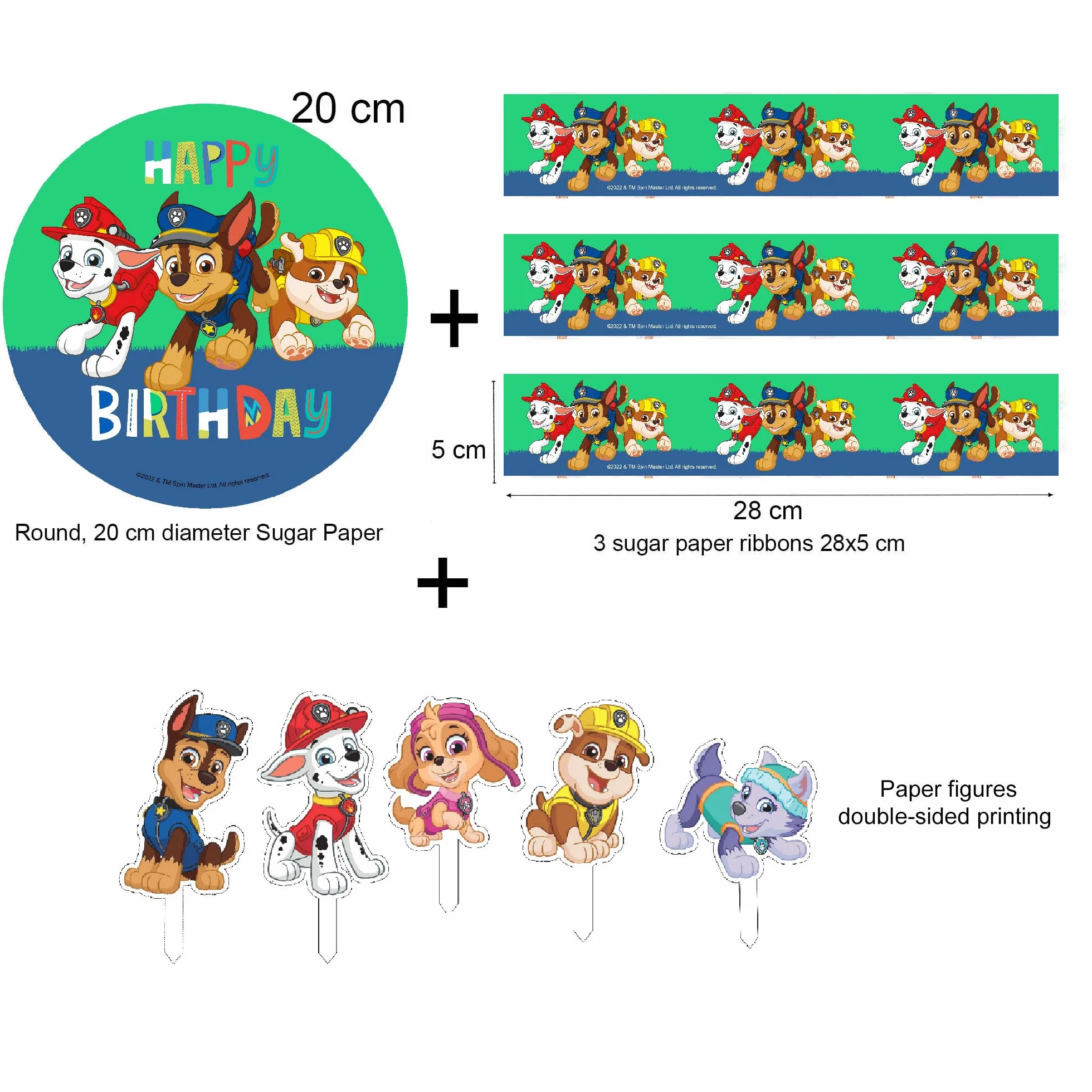 Pat Patrouille Dessus de Gâteau et Figurines en Papier | Disque Azyme Comestible pour Gâteaux | Décoration de Gâteau pour l'anniversaire à thème | 20cm + 4 bandes 28x4cm + 5 figurines