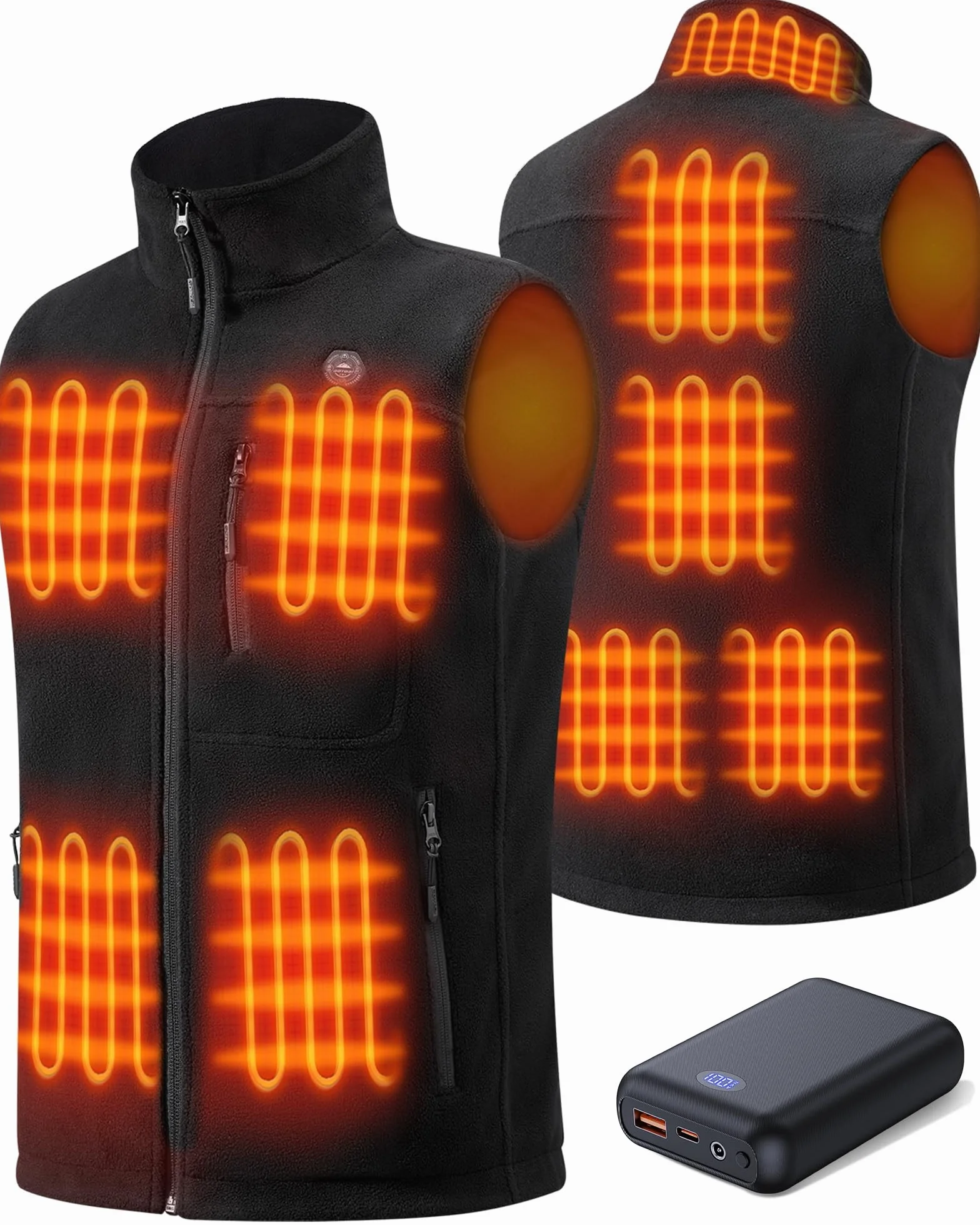 Gilet Chauffant Polaire Homme 16000mAh 7,4V 9 Zones 3 Températures Réglables avec Batterie Incluse