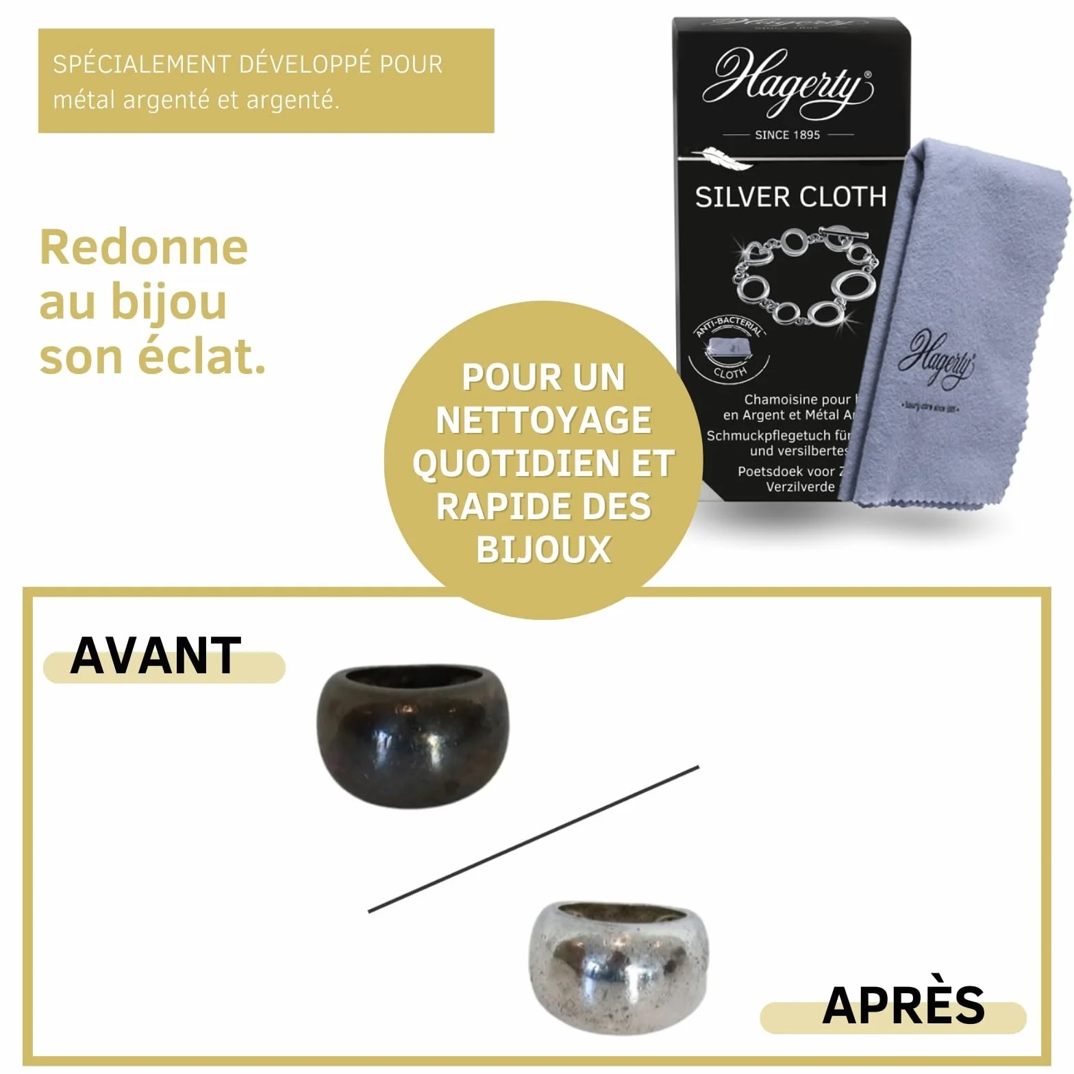 Hagerty Chamoisine imprégnée 100% coton 36 x 30 cm Nettoyage anti-ternissement pour argenterie