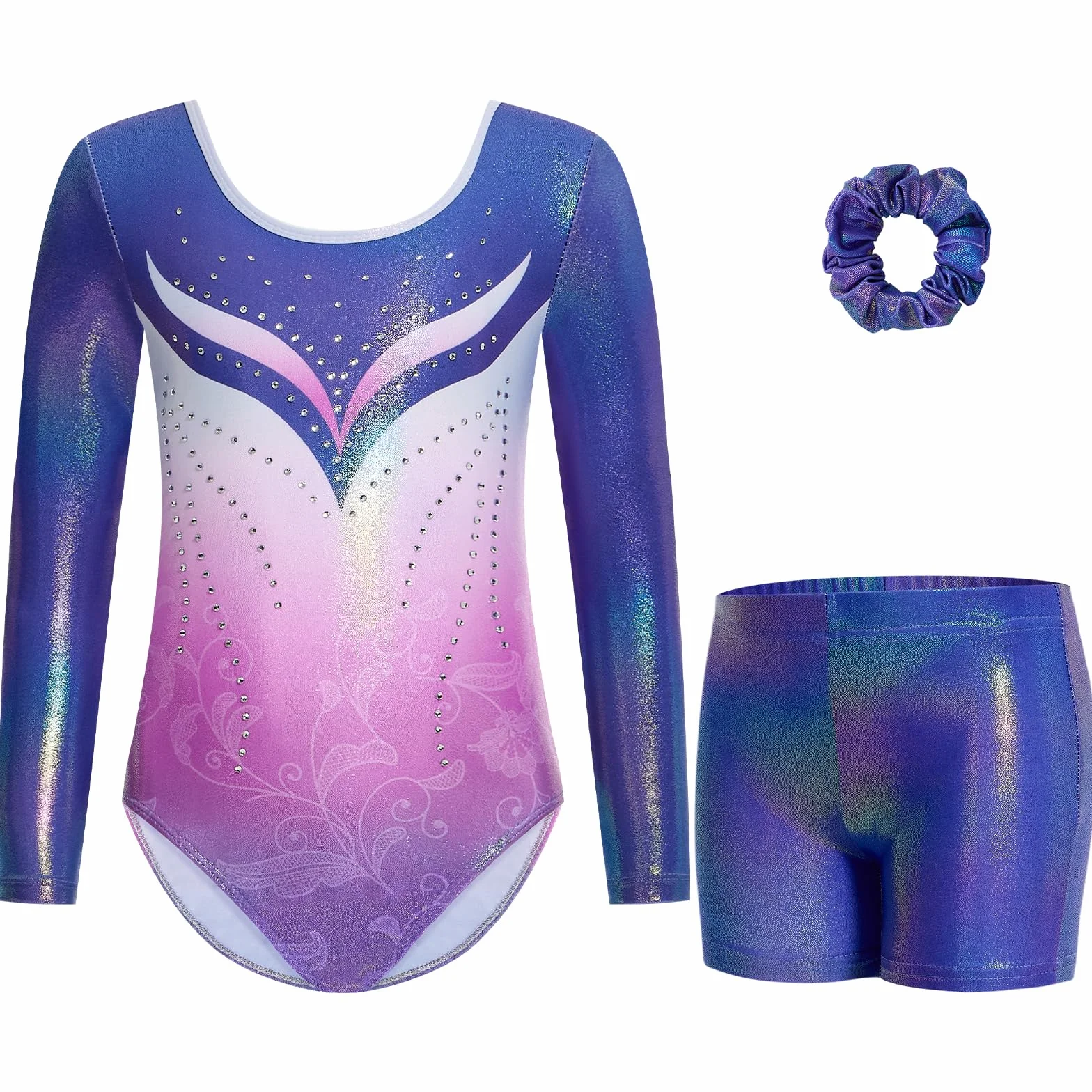 Ensemble de Justaucorps de Gymnastique 3 Pièces pour Filles avec Sequins Dégradés, Unitards de Ballet 3-12 Ans