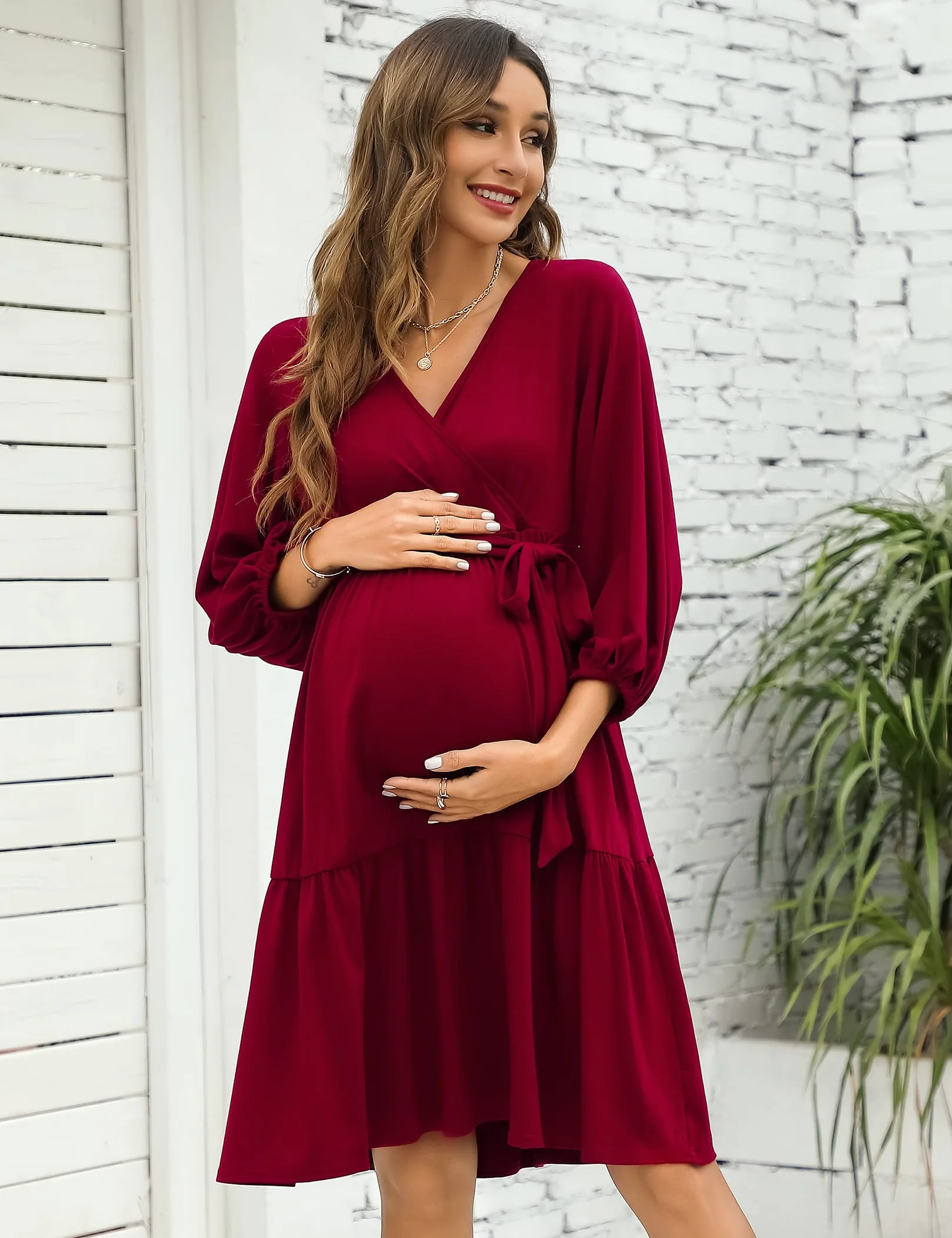 KOJOOIN Robe de maternité Femme Col en V Manches 3/4 Allaitement Volants Ceinture