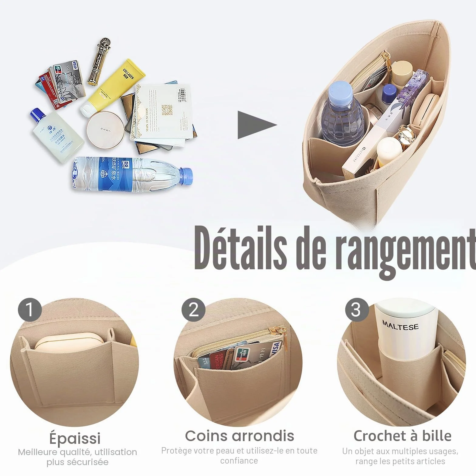 Lckaey Y012 Organiseur de sac à main Le pliage, taille M, beige