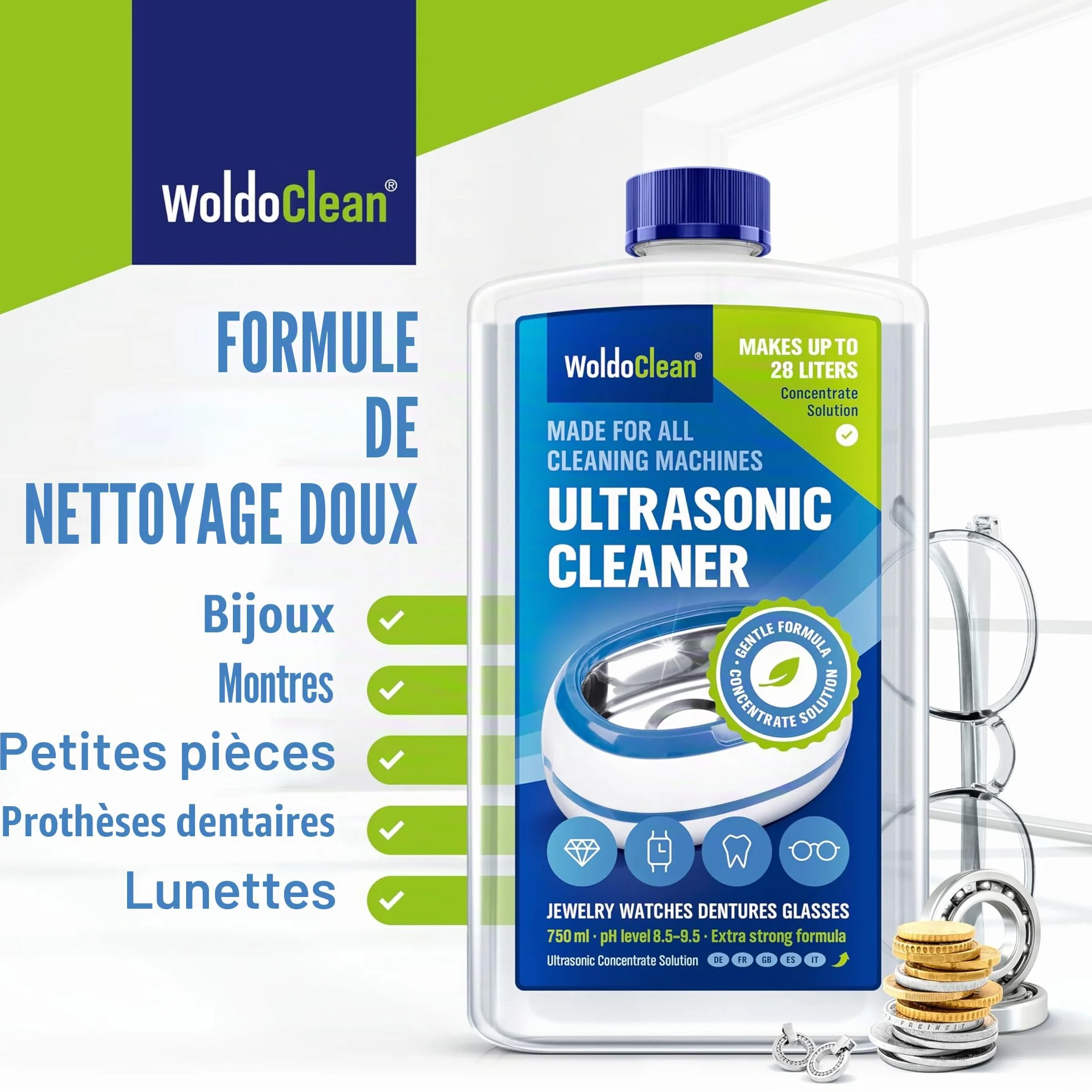 WoldoClean Nettoyant Ultrasons Concentré 750ml - Liquide pour Bac à Ultrasons, Sans Alcool
