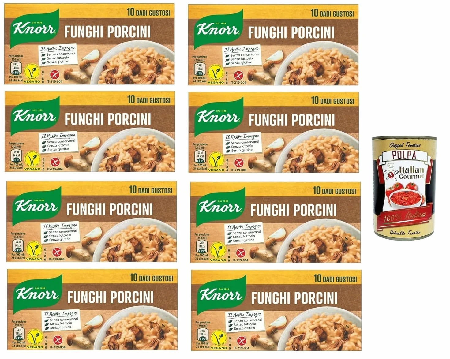 Italian Gourmet Bundle 8 x 100 g bouillons cubes aux cèpes, Knorr Funghi Porcini 10 cubes par boîte, assaisonnement pour bouillon et cuisine, sans gluten, sans lactose, vegan + Italian Gourmet Polpa