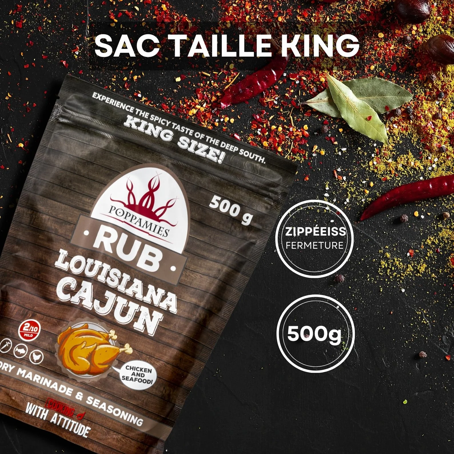 Poppamies Louisiana Cajun BBQ Rub - Assaisonnement BBQ 100% Naturel - Marinade Sèche & Épices - Idéal pour le gril - Grand format (500g)