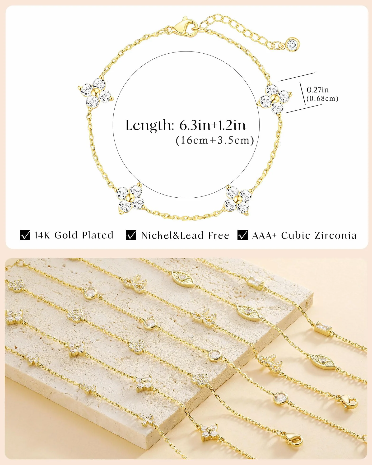Bracelet Femme Argent 925 Or 14k Plaqué Or Réglable Trèfle 4 Feuilles Croix Chrétienne Coeur Zircon Cubique