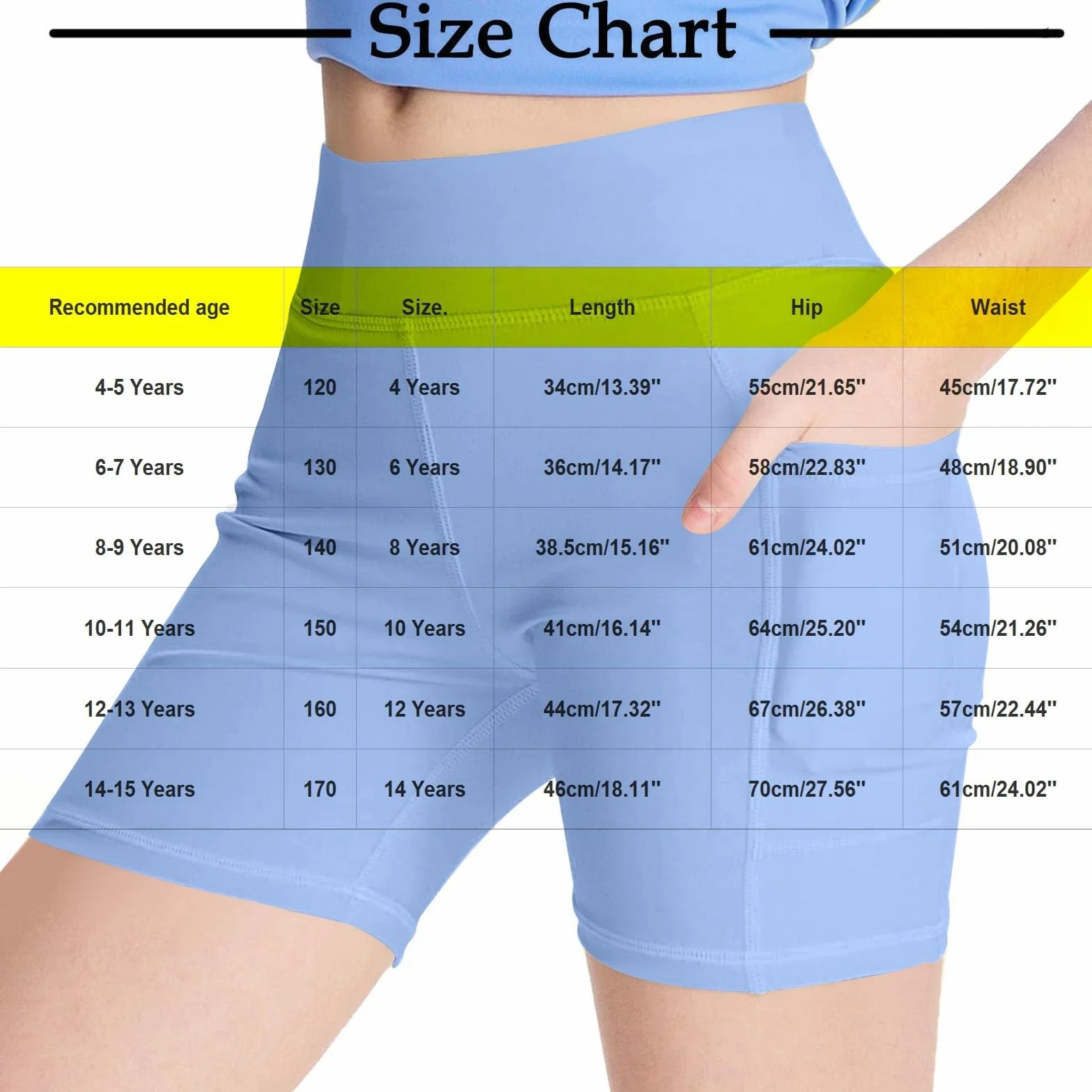 Legging court pour fille avec poches taille haute short de yoga été unie 4-15 ans