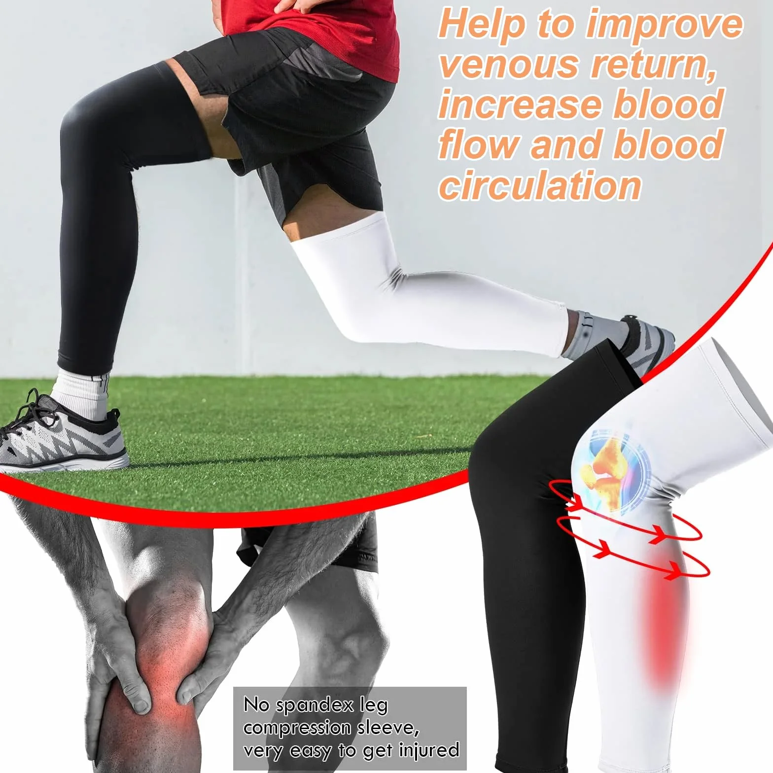 Genouillère de Compression Manchon 4 Pièces, Longueur Manchon de Jambe Cyclisme Sportif, Ensemble de Compression Hommes Femmes, Genou Cuisse Mollet (Noir et Blanc)